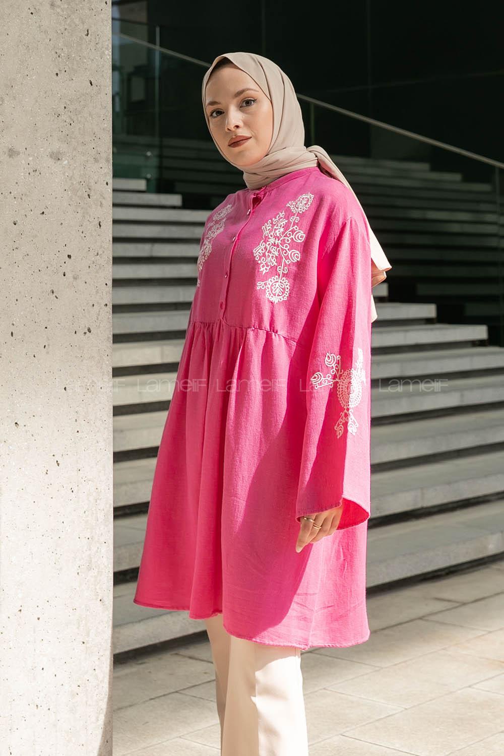 Pink Mandarin Collar Linen Printed Tunic