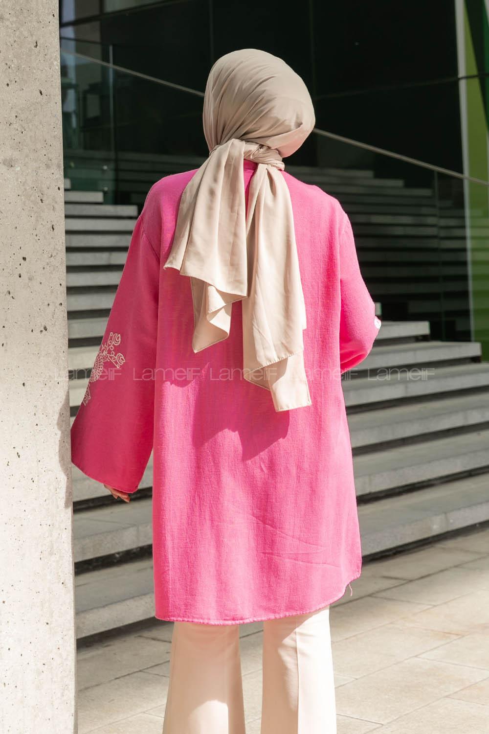 Pink Mandarin Collar Linen Printed Tunic