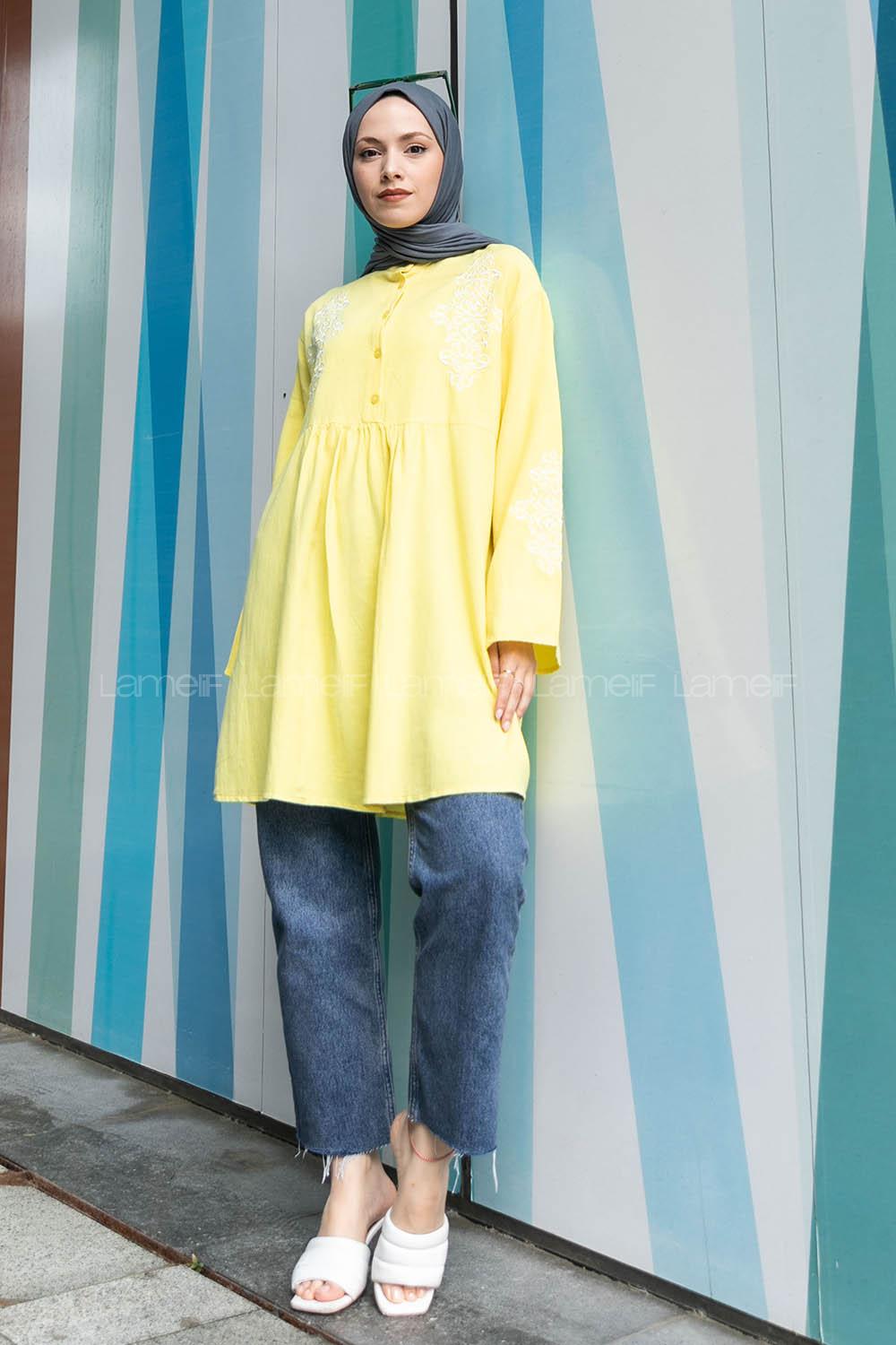 Yellow Mandarin Collar Linen Printed Tunic