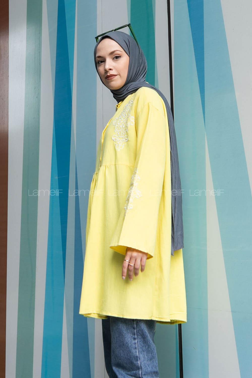 Yellow Mandarin Collar Linen Printed Tunic