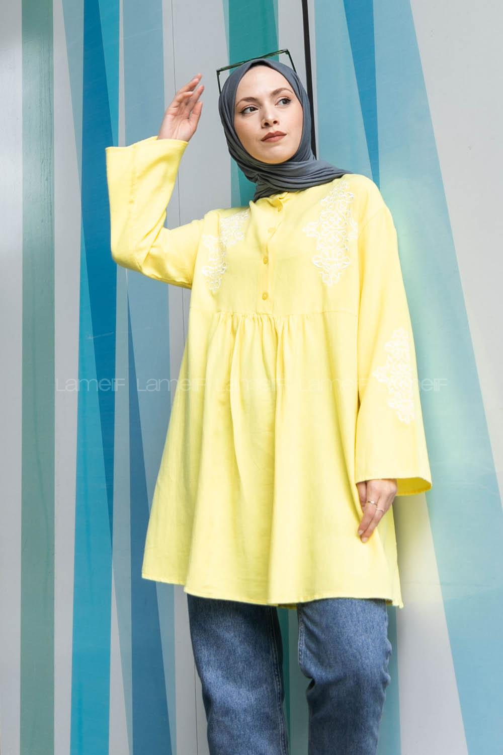 Yellow Mandarin Collar Linen Printed Tunic