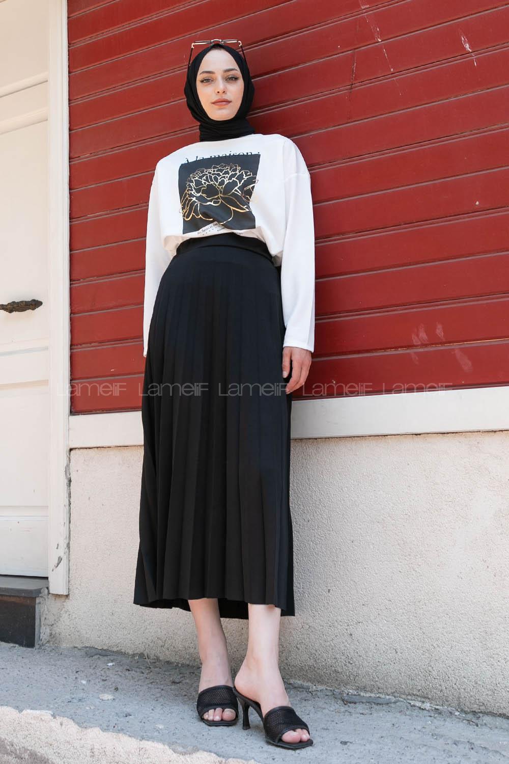 Black Crew Neck Long Arm Without Accessories Viscose Fabric Pleated Suit