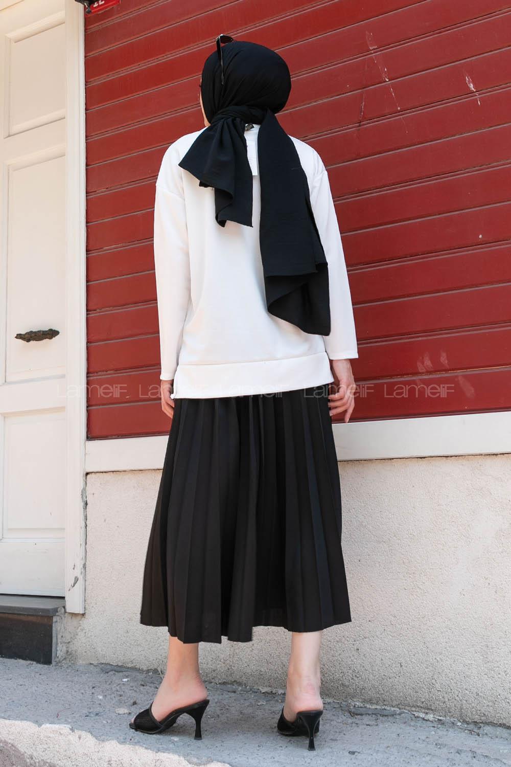 Black Crew Neck Long Arm Without Accessories Viscose Fabric Pleated Suit