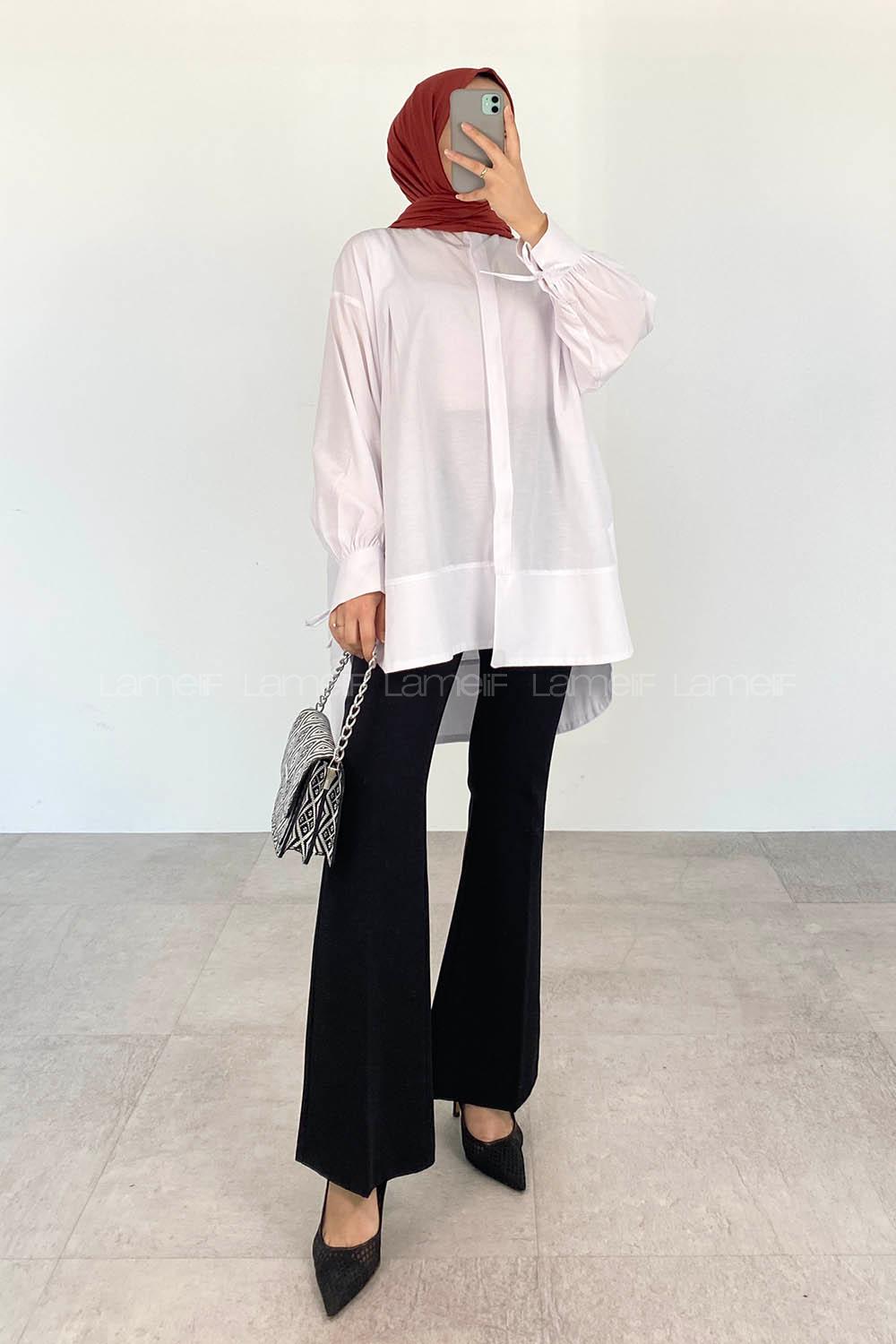 White Mandarin Collar Long Arm Cotton Unprinted Shirt