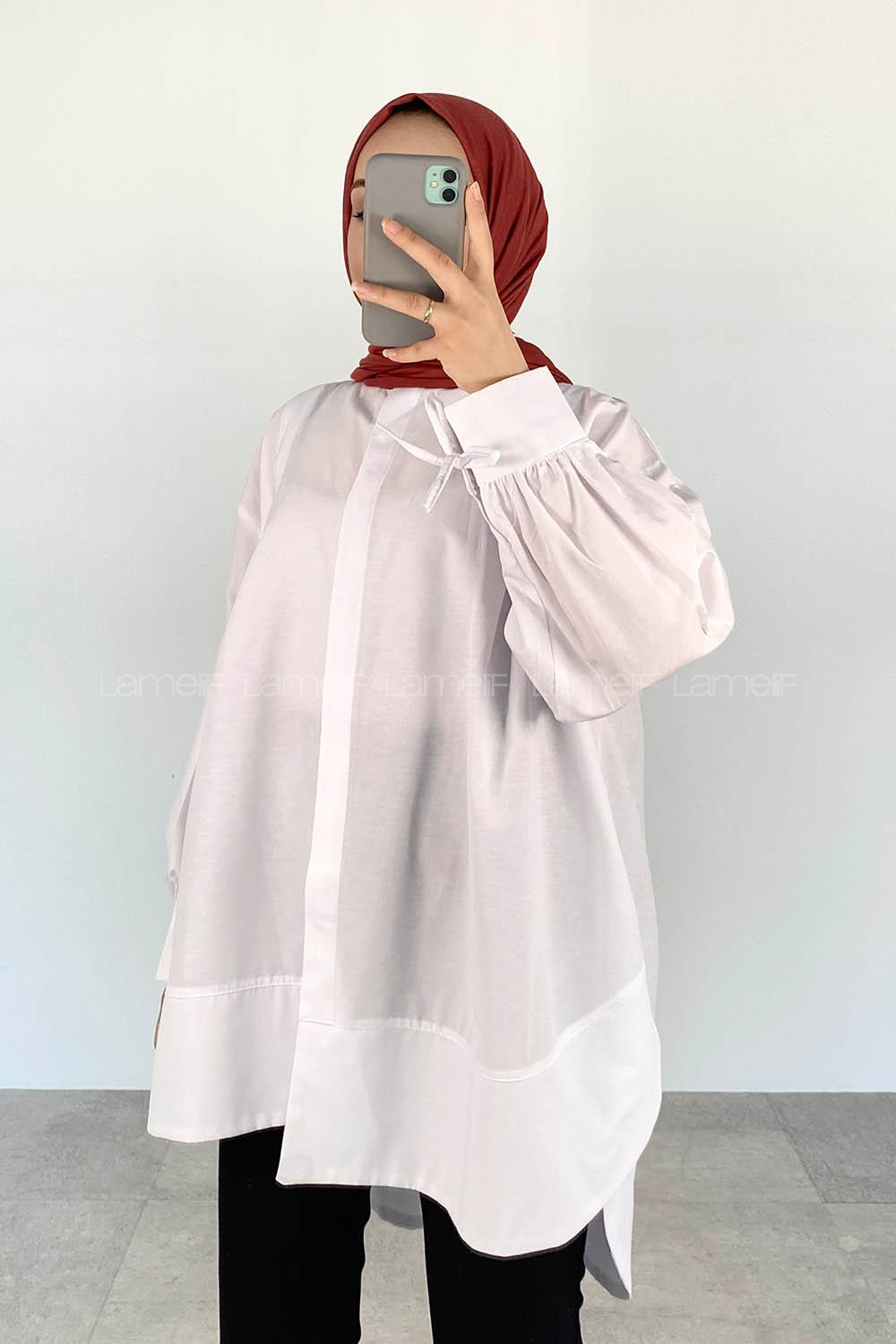 White Mandarin Collar Long Arm Cotton Unprinted Shirt