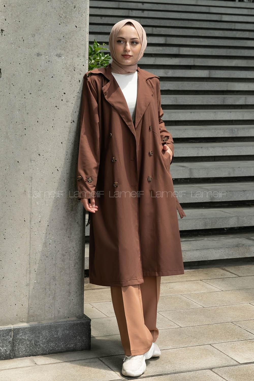 Brown Long Arm Belted Buckle Viscose Fabric Trench Coat