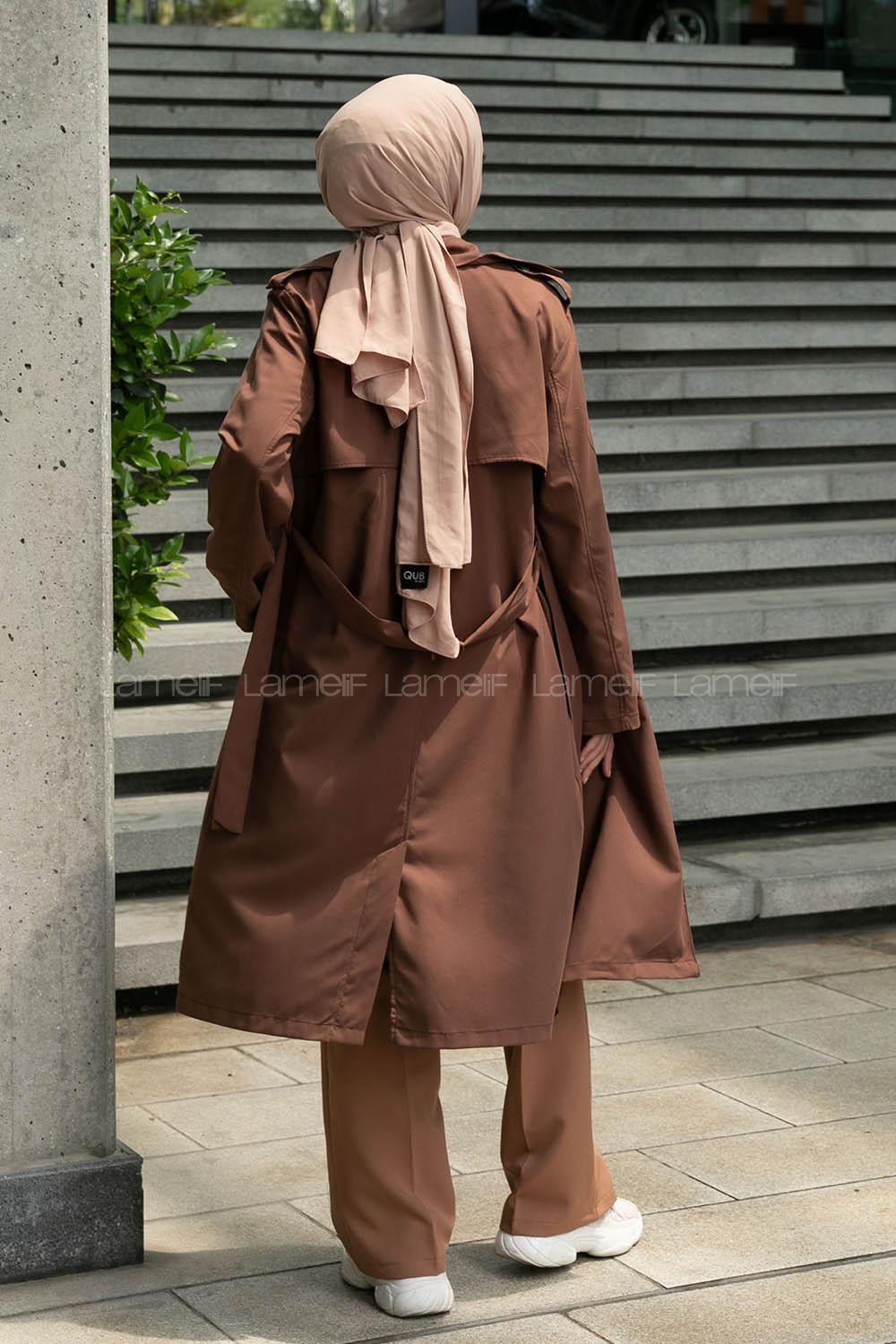 Brown Long Arm Belted Buckle Viscose Fabric Trench Coat