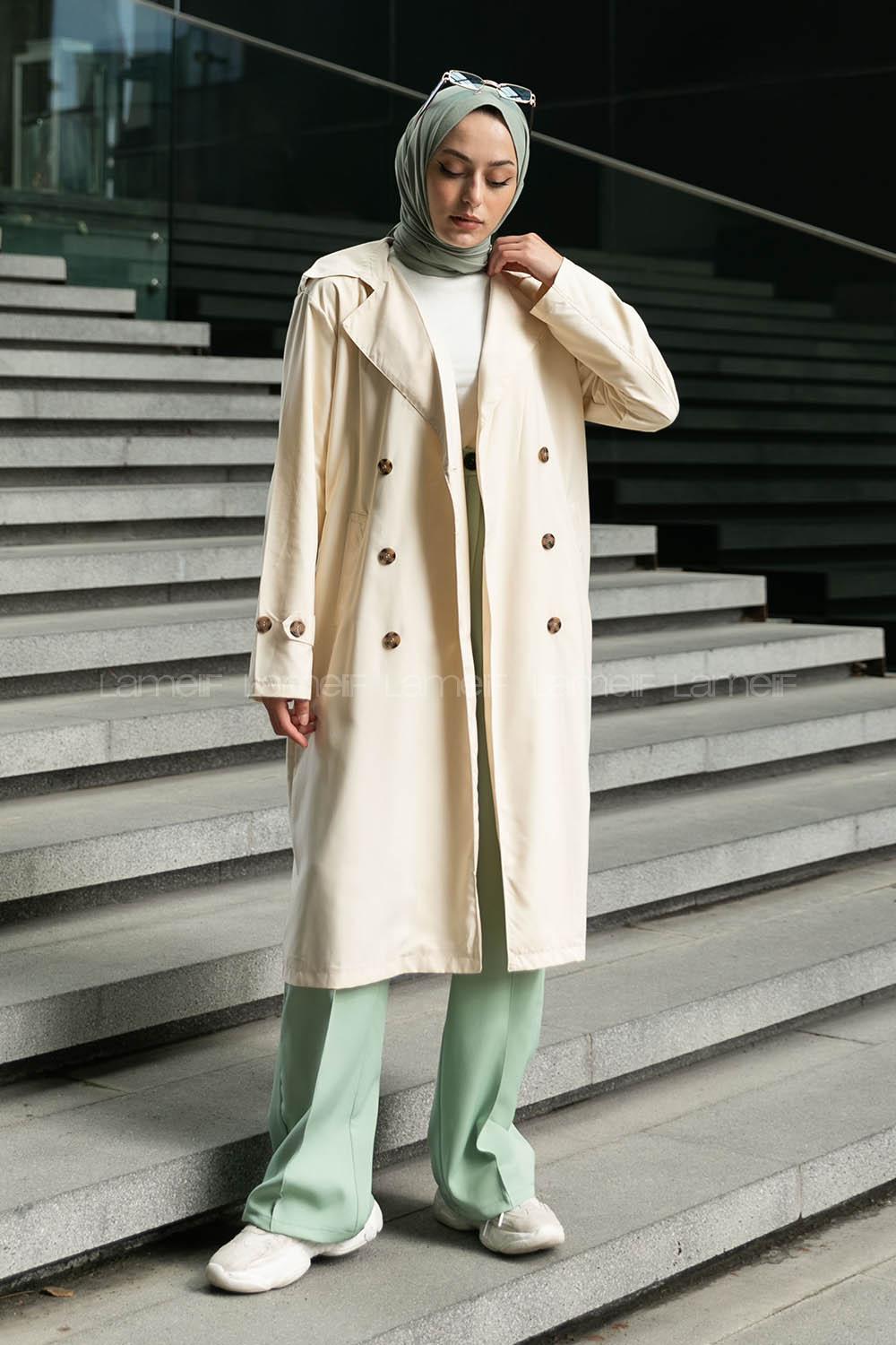Stone Long Arm Belted Buckle Viscose Fabric Trench Coat