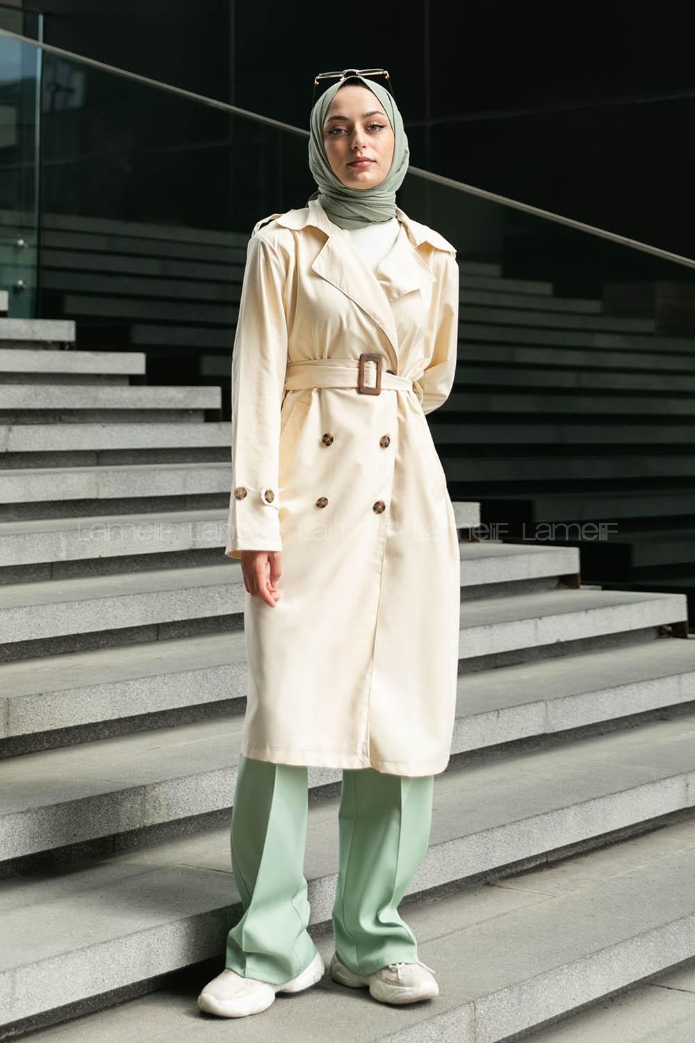 Stone Long Arm Belted Buckle Viscose Fabric Trench Coat