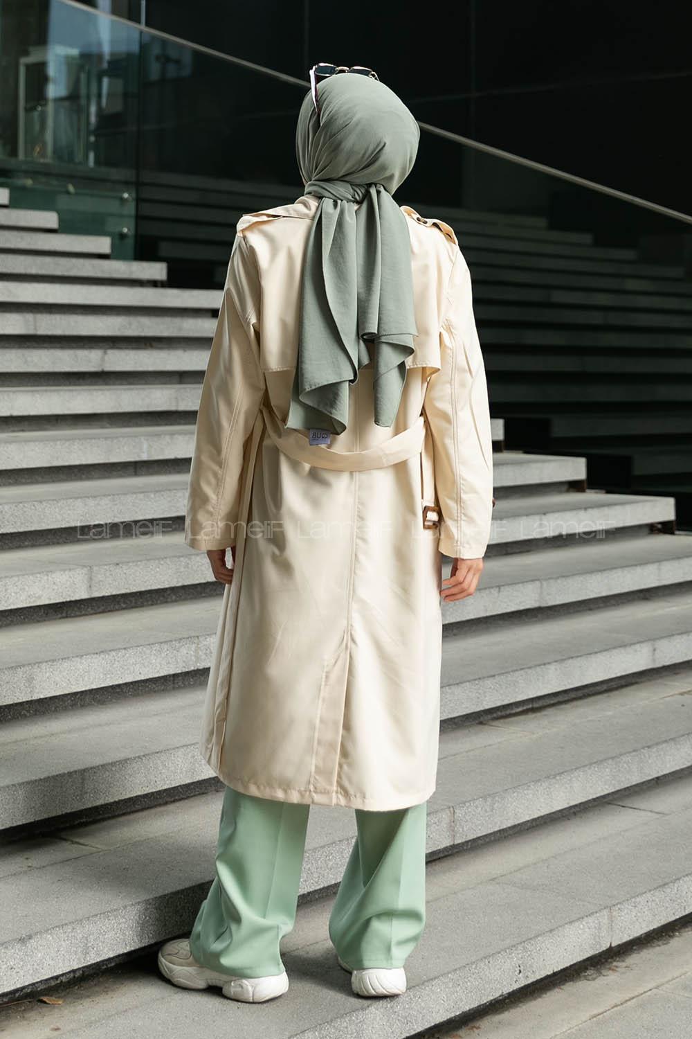 Stone Long Arm Belted Buckle Viscose Fabric Trench Coat