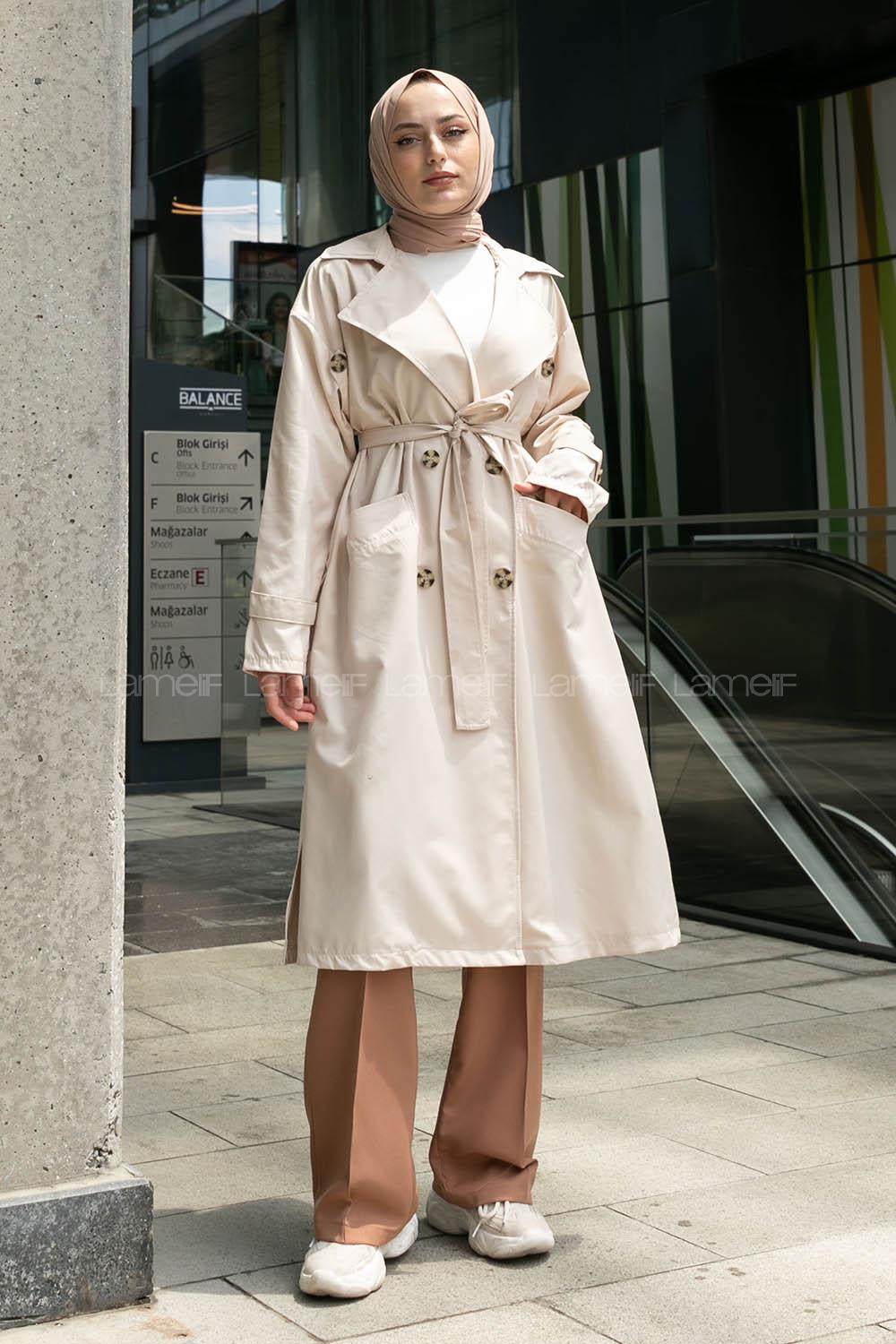 Beige Long Arm Buttoned Parachute Fabric Trench Coat