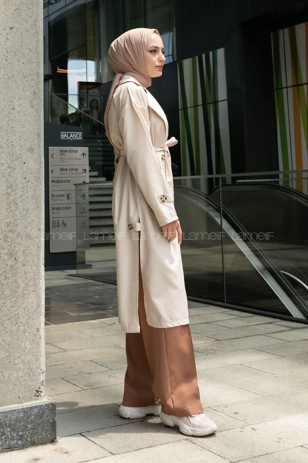 Beige Long Arm Buttoned Parachute Fabric Trench Coat