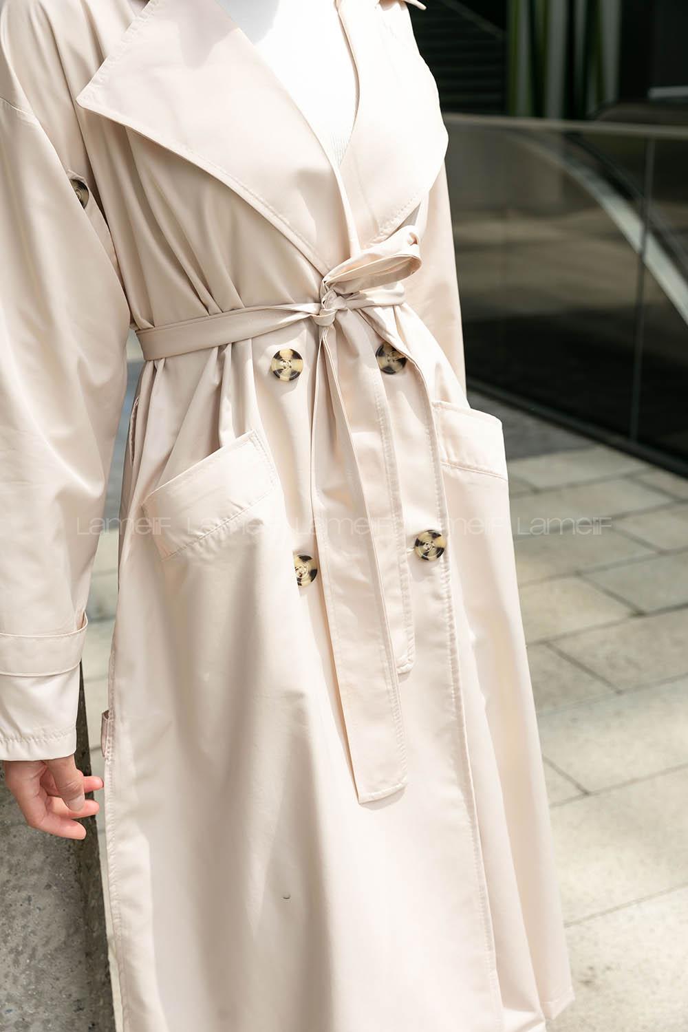 Beige Long Arm Buttoned Parachute Fabric Trench Coat