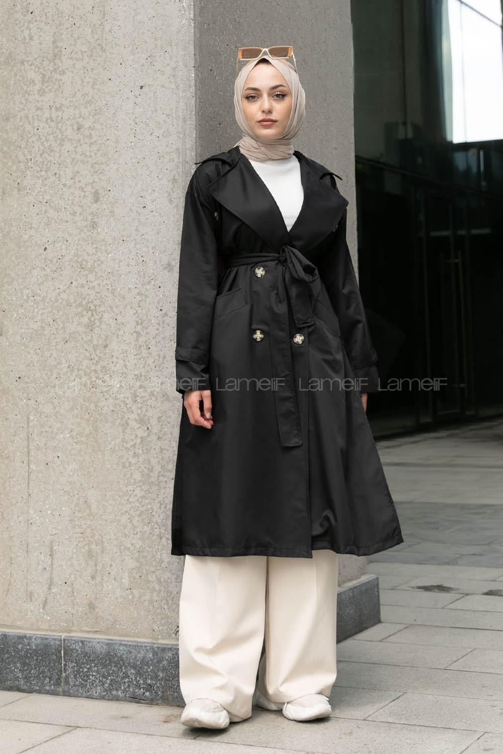 Black Long Arm Buttoned Parachute Fabric Trench Coat