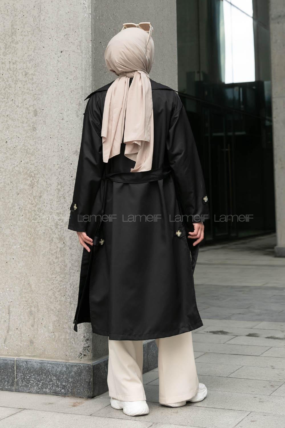 Black Long Arm Buttoned Parachute Fabric Trench Coat