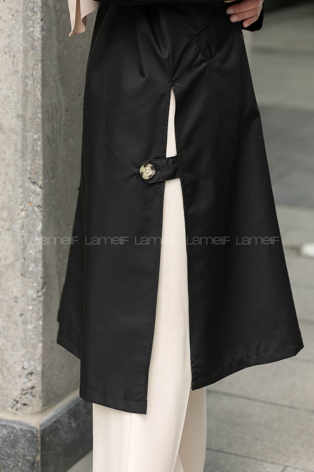 Black Long Arm Buttoned Parachute Fabric Trench Coat