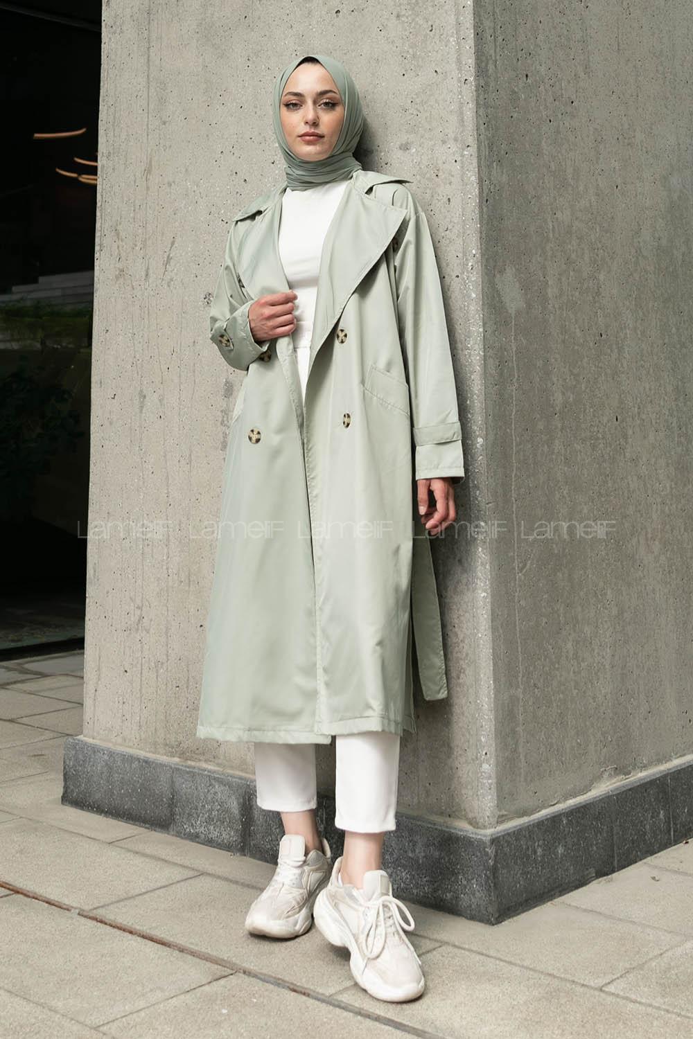 Water Green Long Arm Buttoned Parachute Fabric Trench Coat