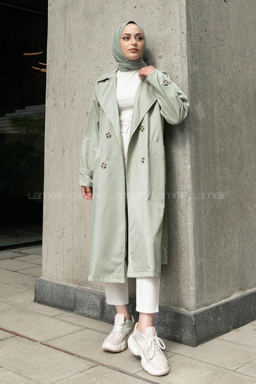 Water Green Long Arm Buttoned Parachute Fabric Trench Coat