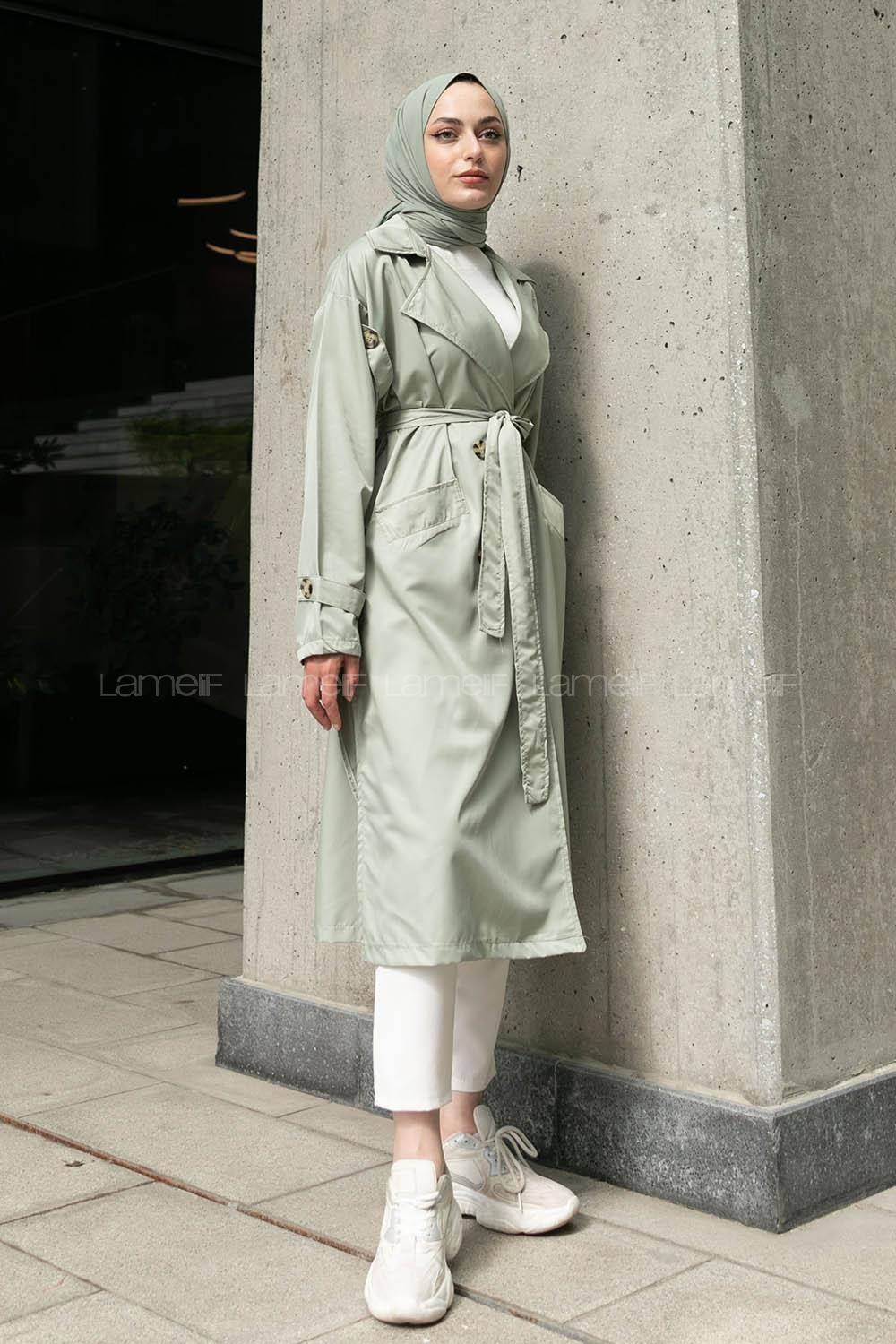 Water Green Long Arm Buttoned Parachute Fabric Trench Coat