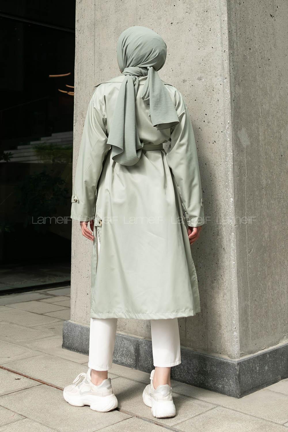 Water Green Long Arm Buttoned Parachute Fabric Trench Coat