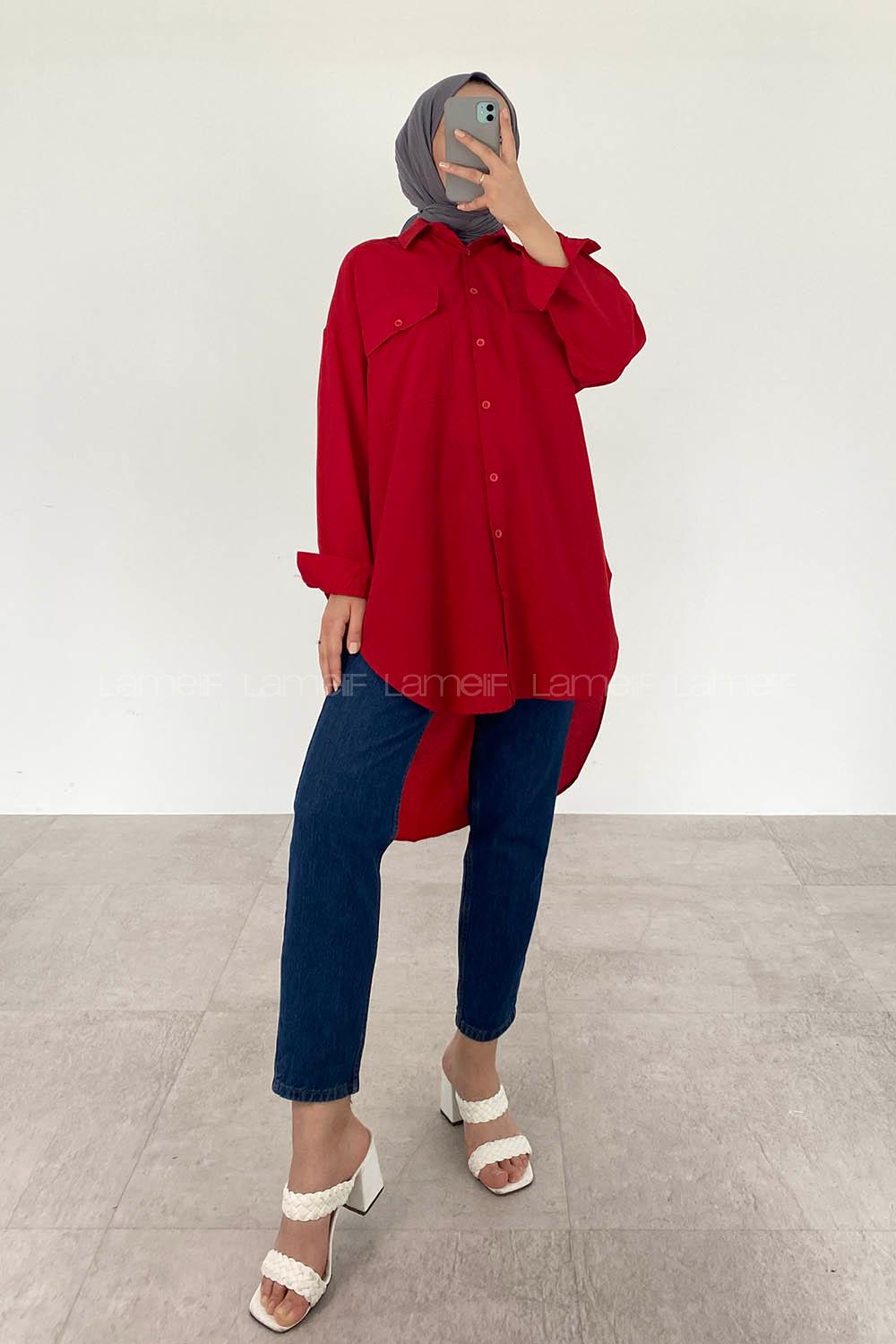 Red Shirt Collar Long Arm Poplin Fabric Unprinted Shirt