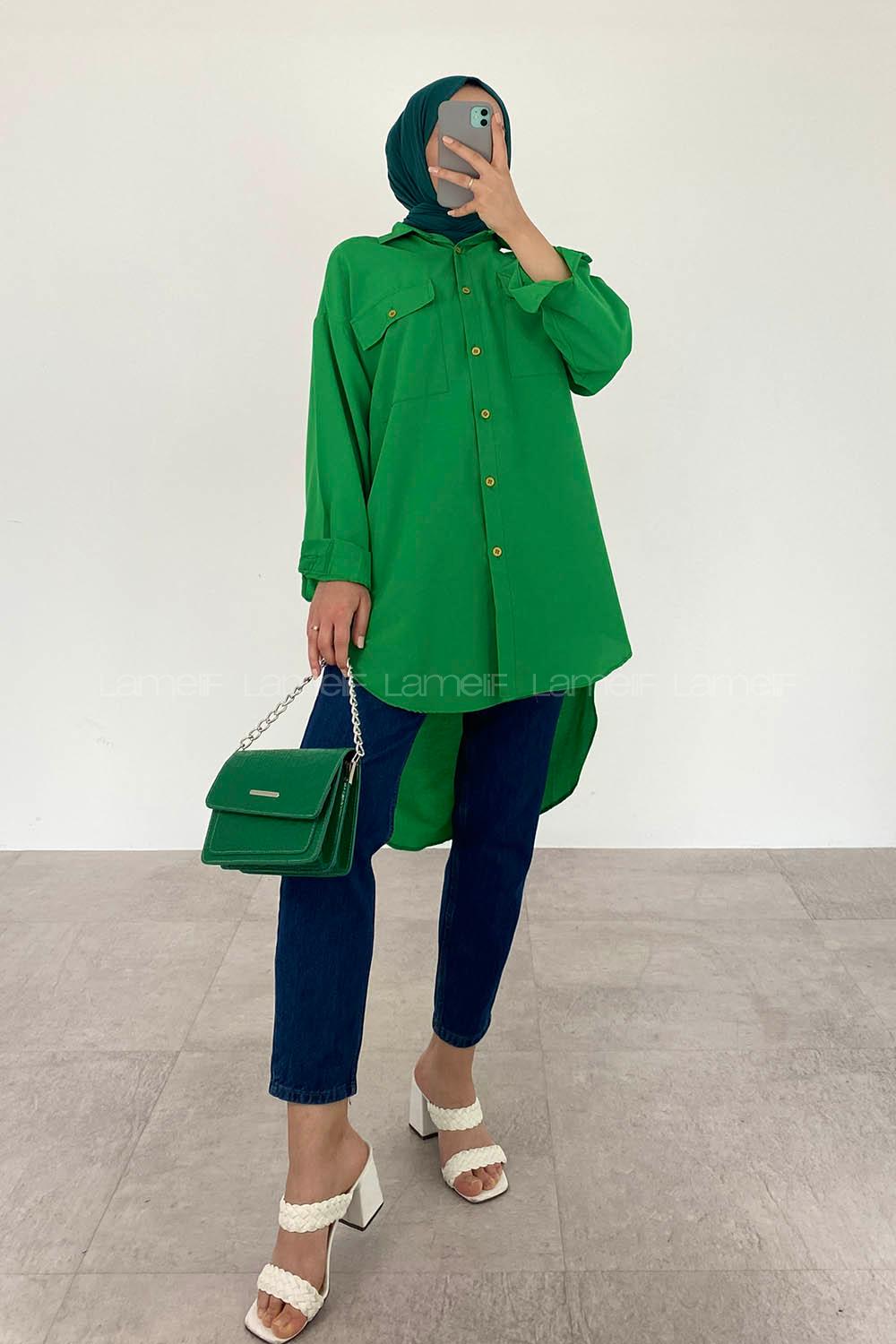 Dark Green Shirt Collar Long Arm Poplin Fabric Unprinted Shirt