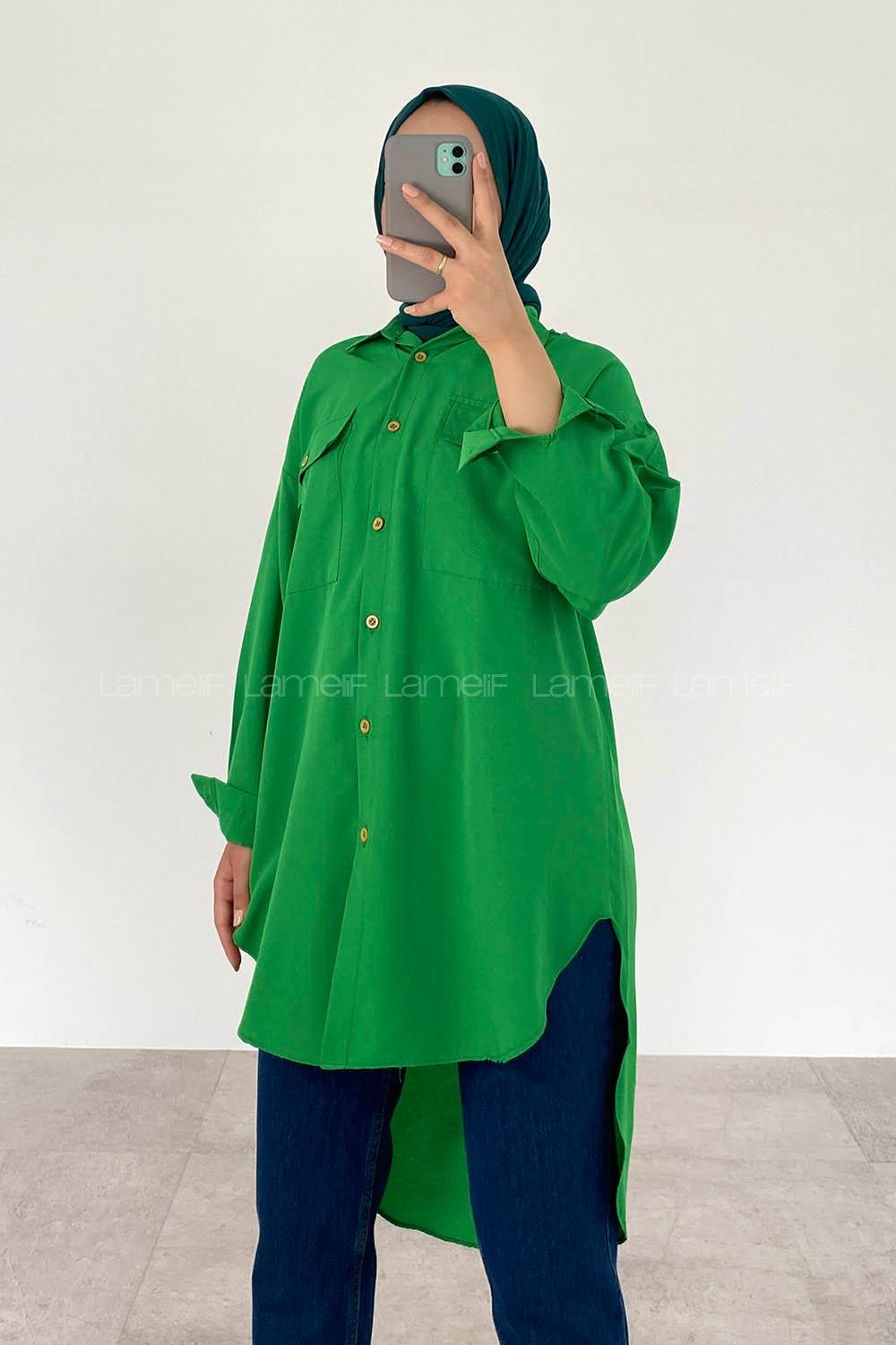 Dark Green Shirt Collar Long Arm Poplin Fabric Unprinted Shirt