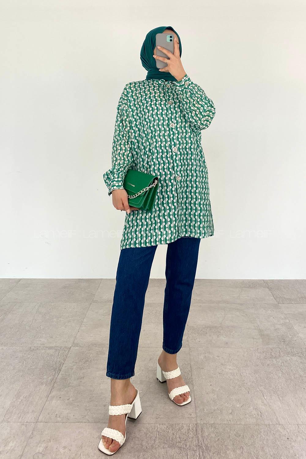Green Shirt Collar Long Arm Cotton Printed Shirt