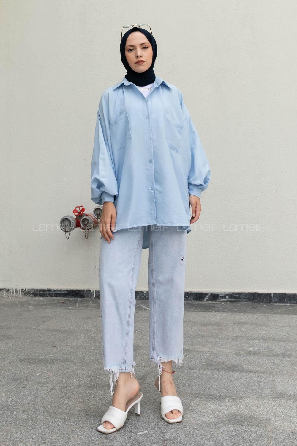 Baby Blue Shirt Collar Long Arm Cotton Unprinted Shirt