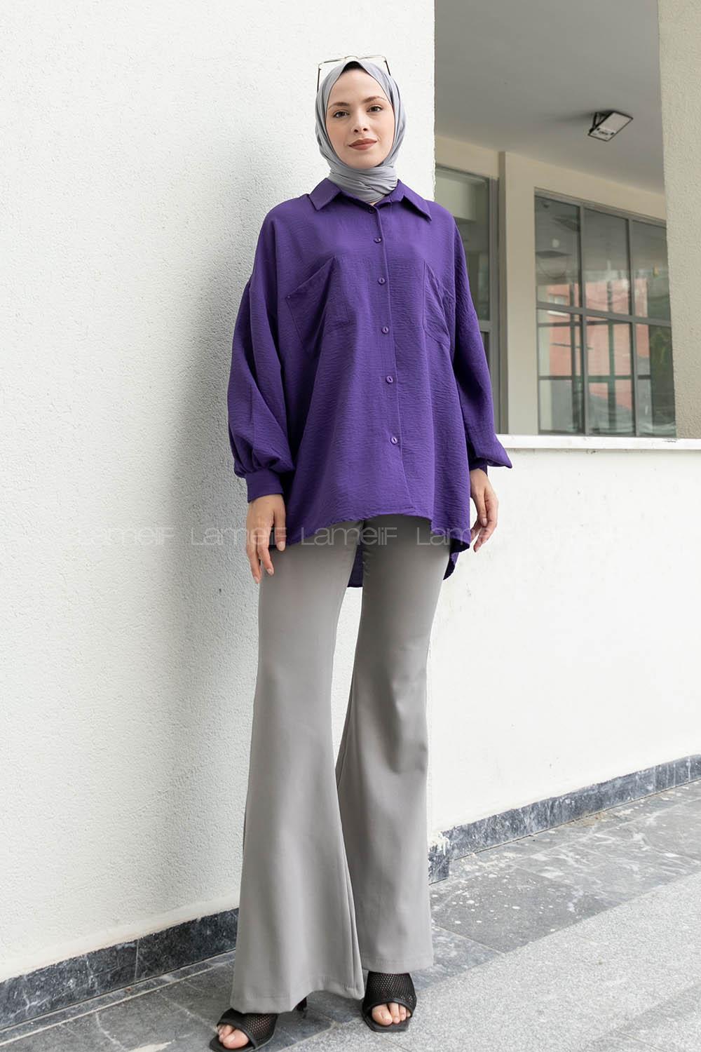 Purble Shirt Collar Long Arm Cotton Unprinted Shirt