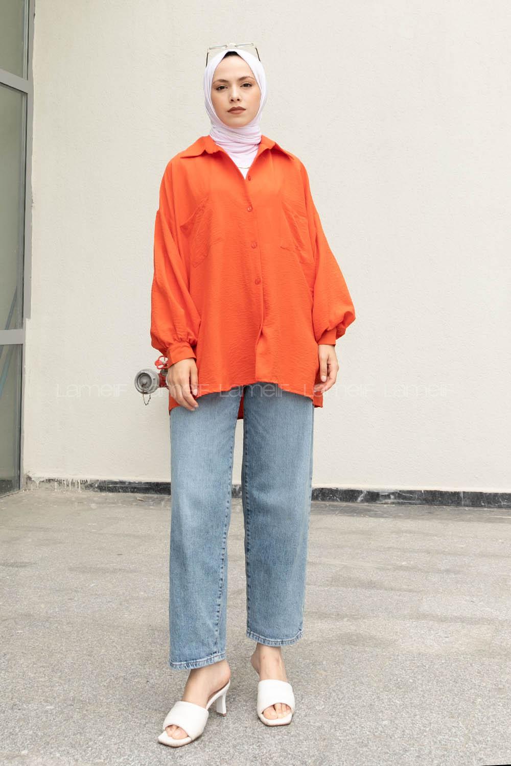 Orange Shirt Collar Long Arm Cotton Unprinted Shirt