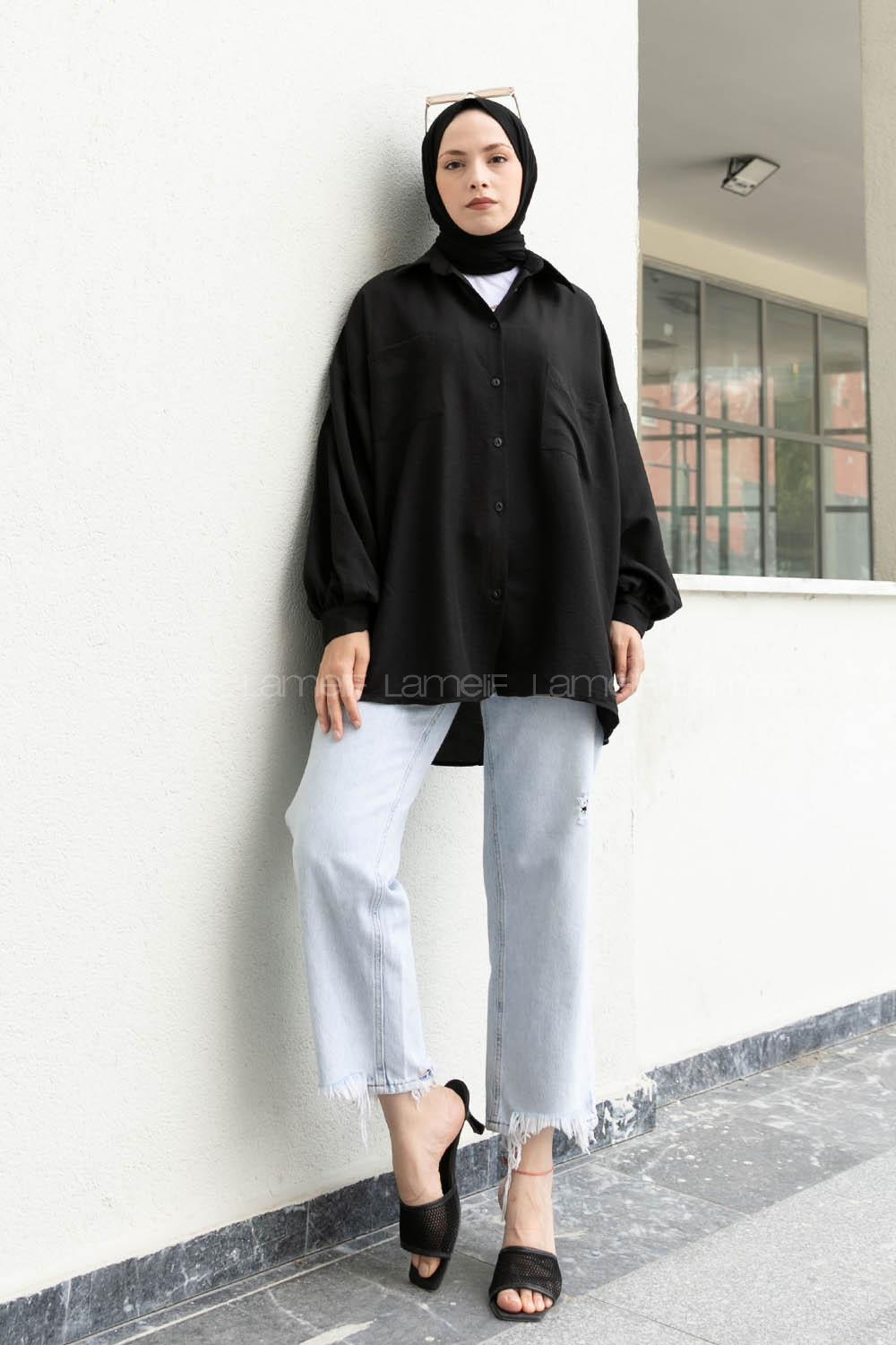 Black Shirt Collar Long Arm Cotton Unprinted Shirt