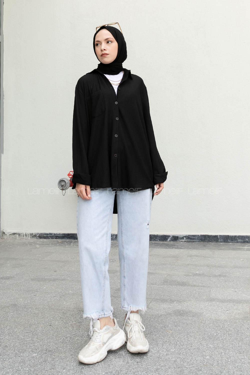 Black Shirt Collar Long Arm Viscose Fabric Unprinted Shirt