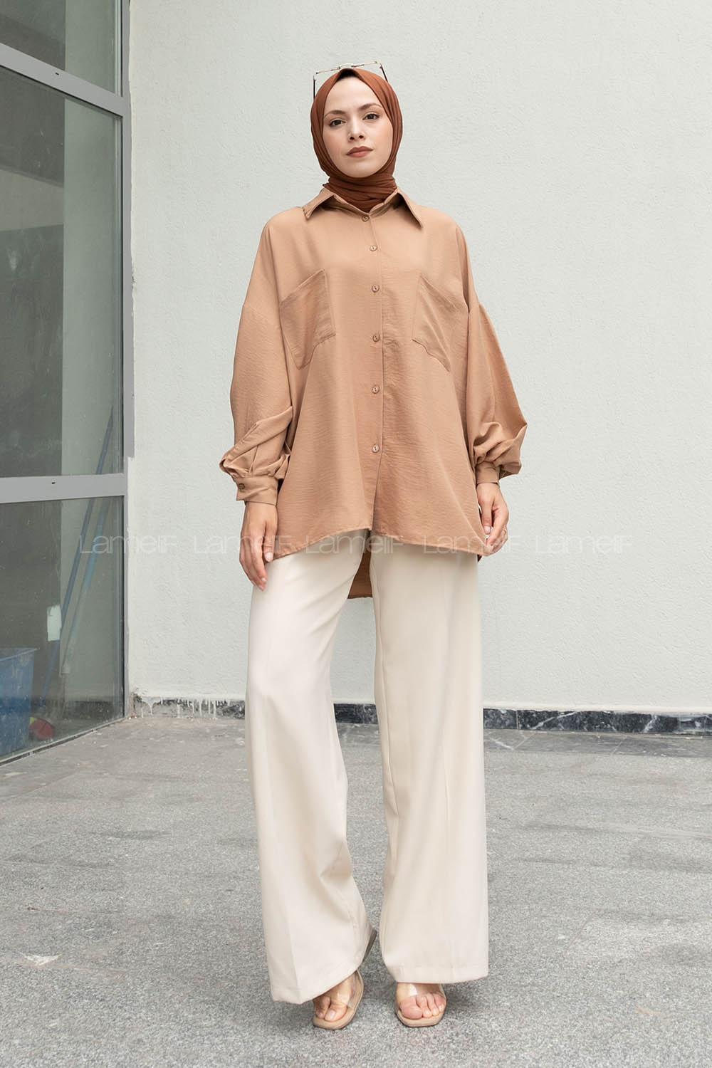 Brown With Milk Shirt Collar Long Arm Cotton Unprinted Shirt