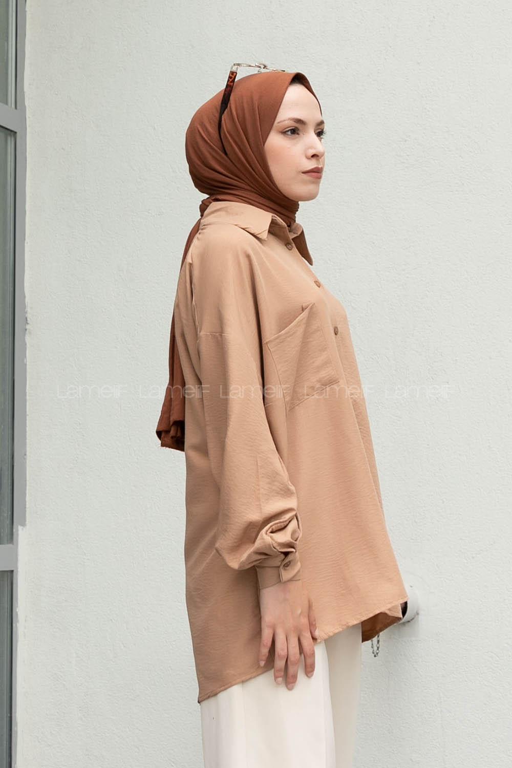Brown With Milk Shirt Collar Long Arm Cotton Unprinted Shirt