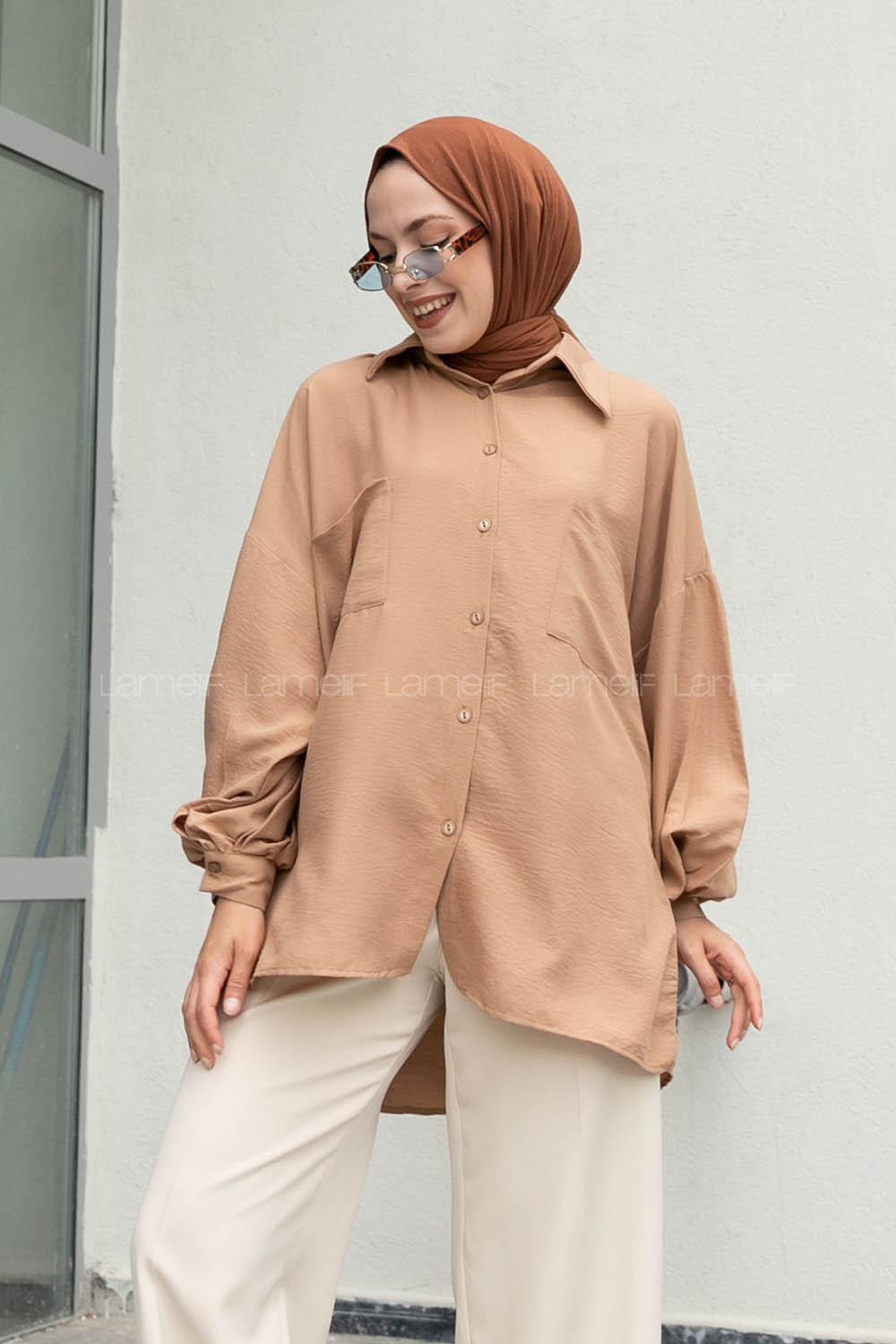 Brown With Milk Shirt Collar Long Arm Cotton Unprinted Shirt