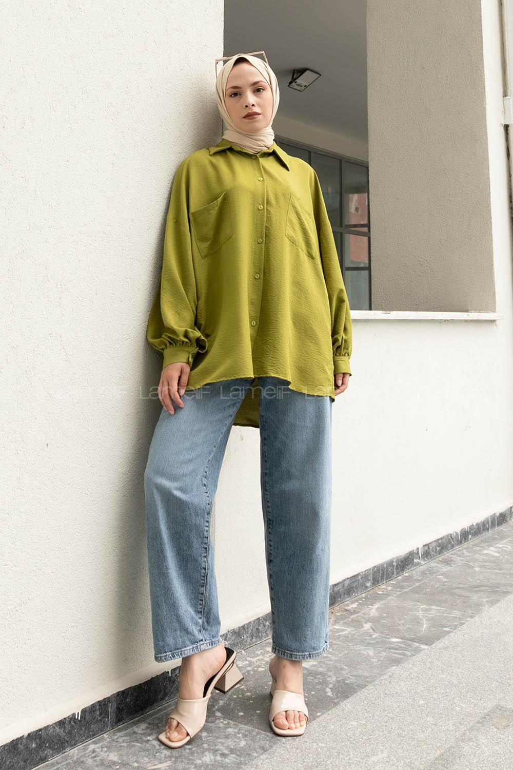 Oil Green Shirt Collar Long Arm Cotton Unprinted Shirt