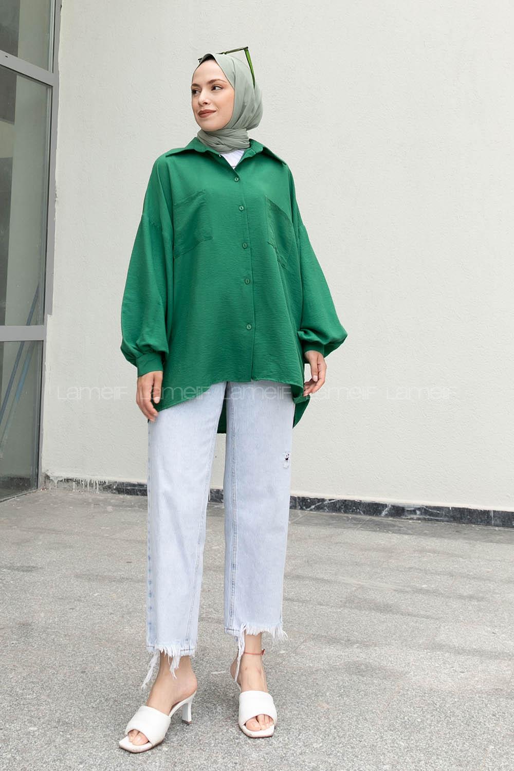 Emerald Green Shirt Collar Long Arm Cotton Unprinted Shirt