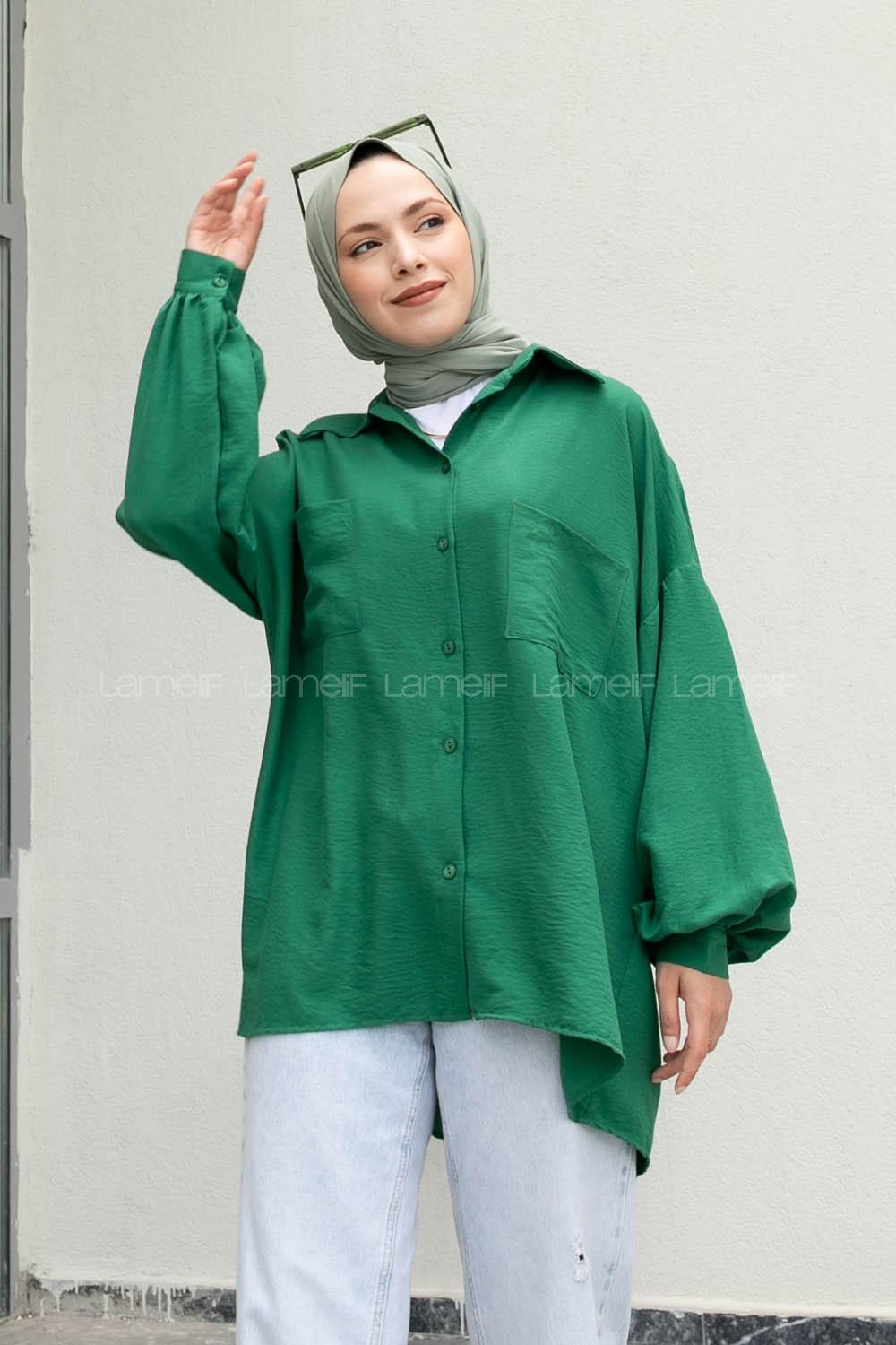 Emerald Green Shirt Collar Long Arm Cotton Unprinted Shirt