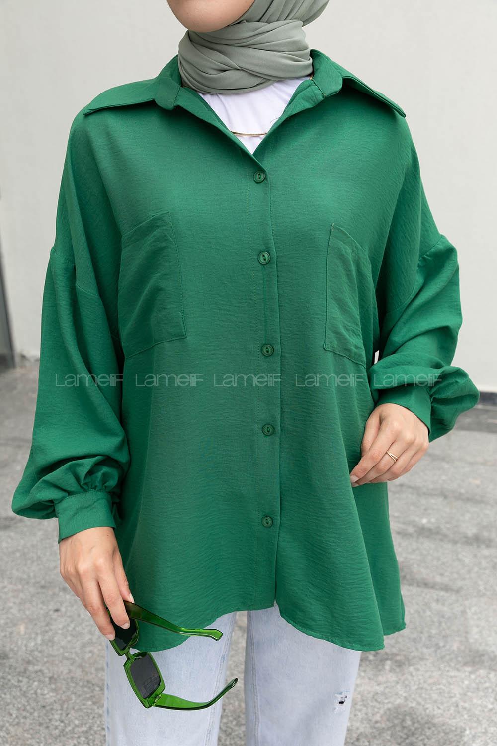 Emerald Green Shirt Collar Long Arm Cotton Unprinted Shirt