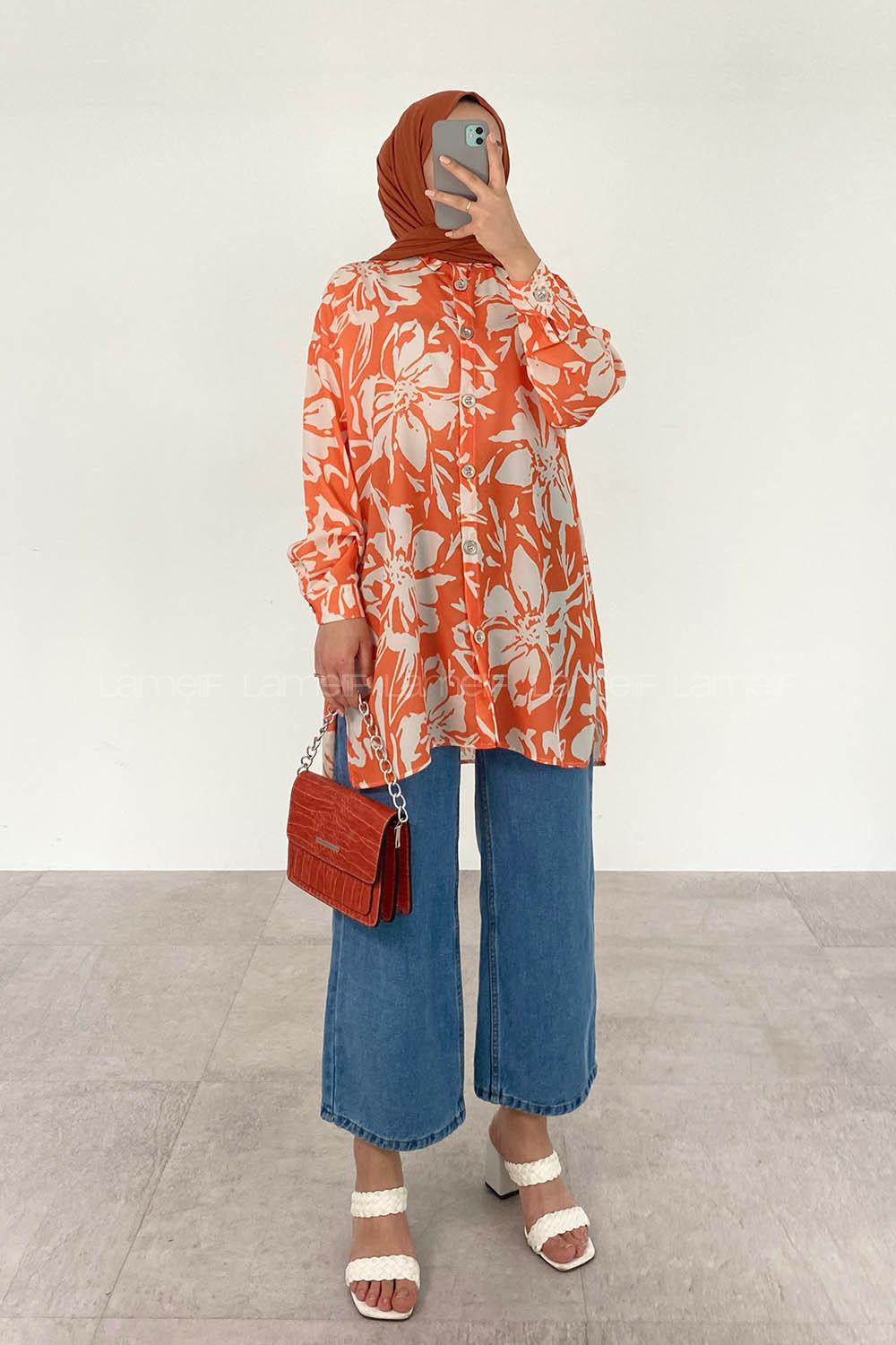 Orange Shirt Collar Long Arm Cotton Printed Shirt