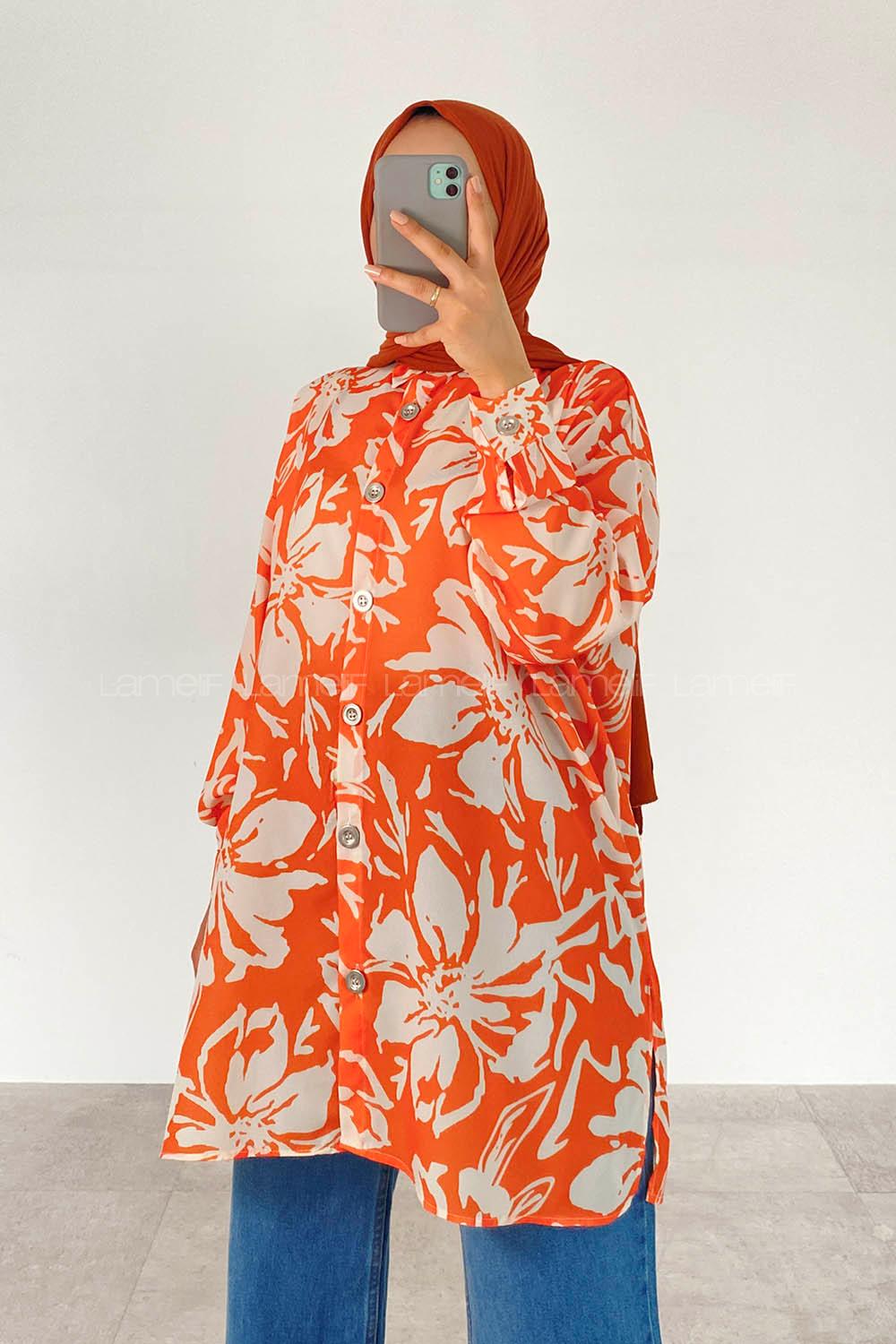 Orange Shirt Collar Long Arm Cotton Printed Shirt
