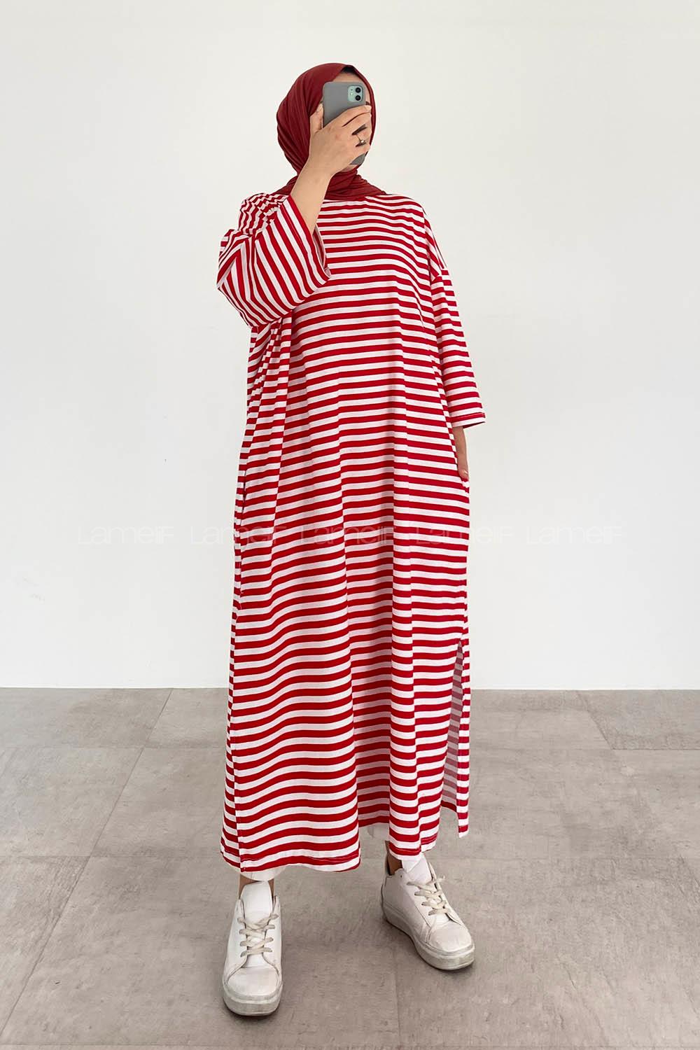 Red Crew Neck Cotton Printed Tunic