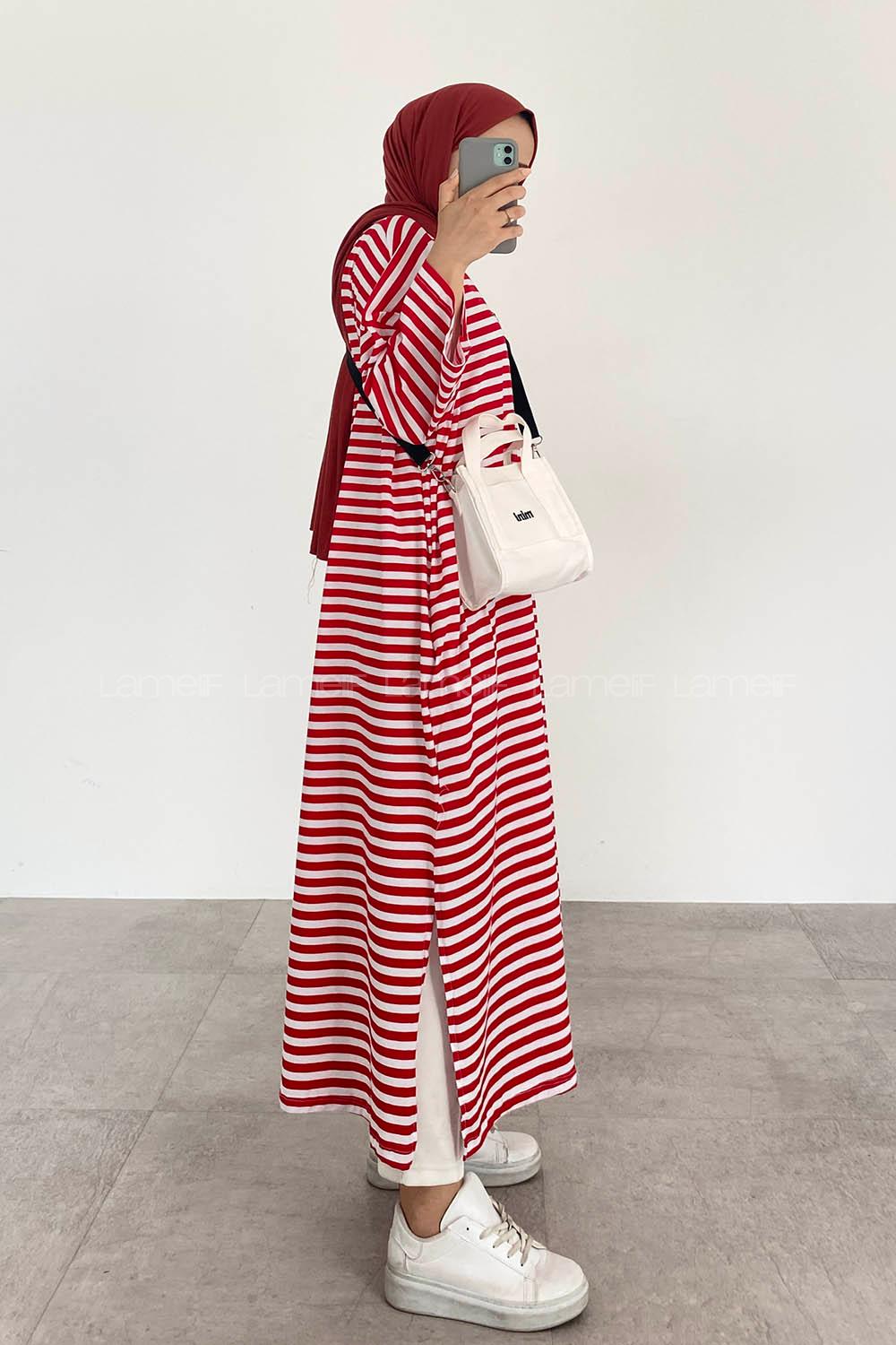 Red Crew Neck Cotton Printed Tunic