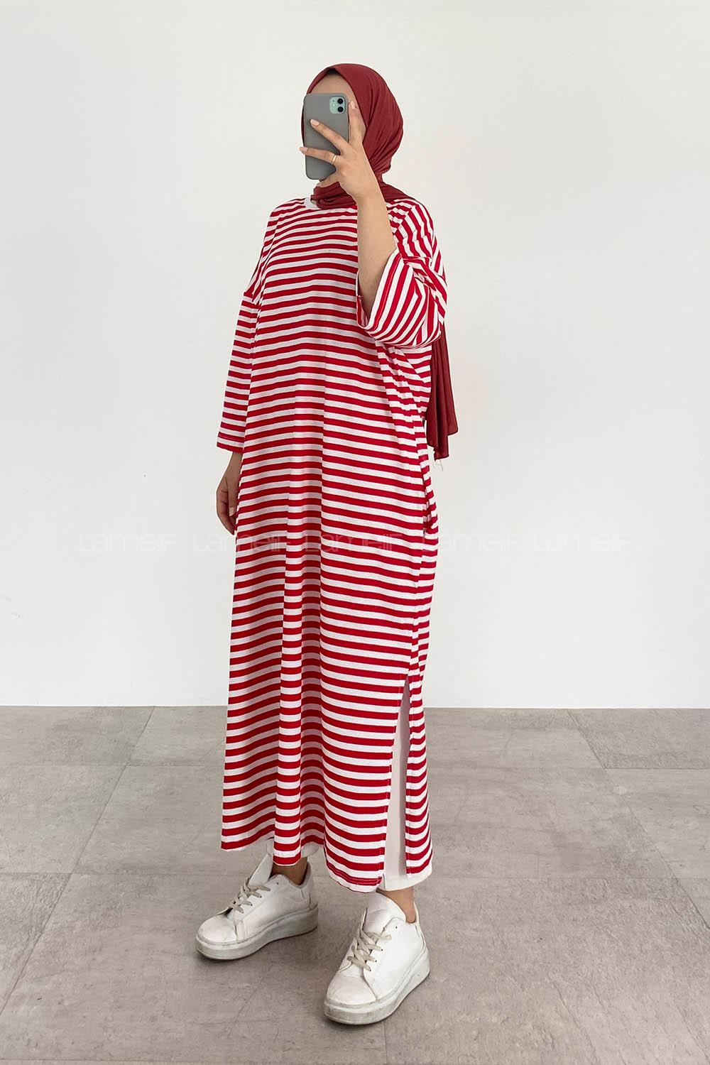 Red Crew Neck Cotton Printed Tunic