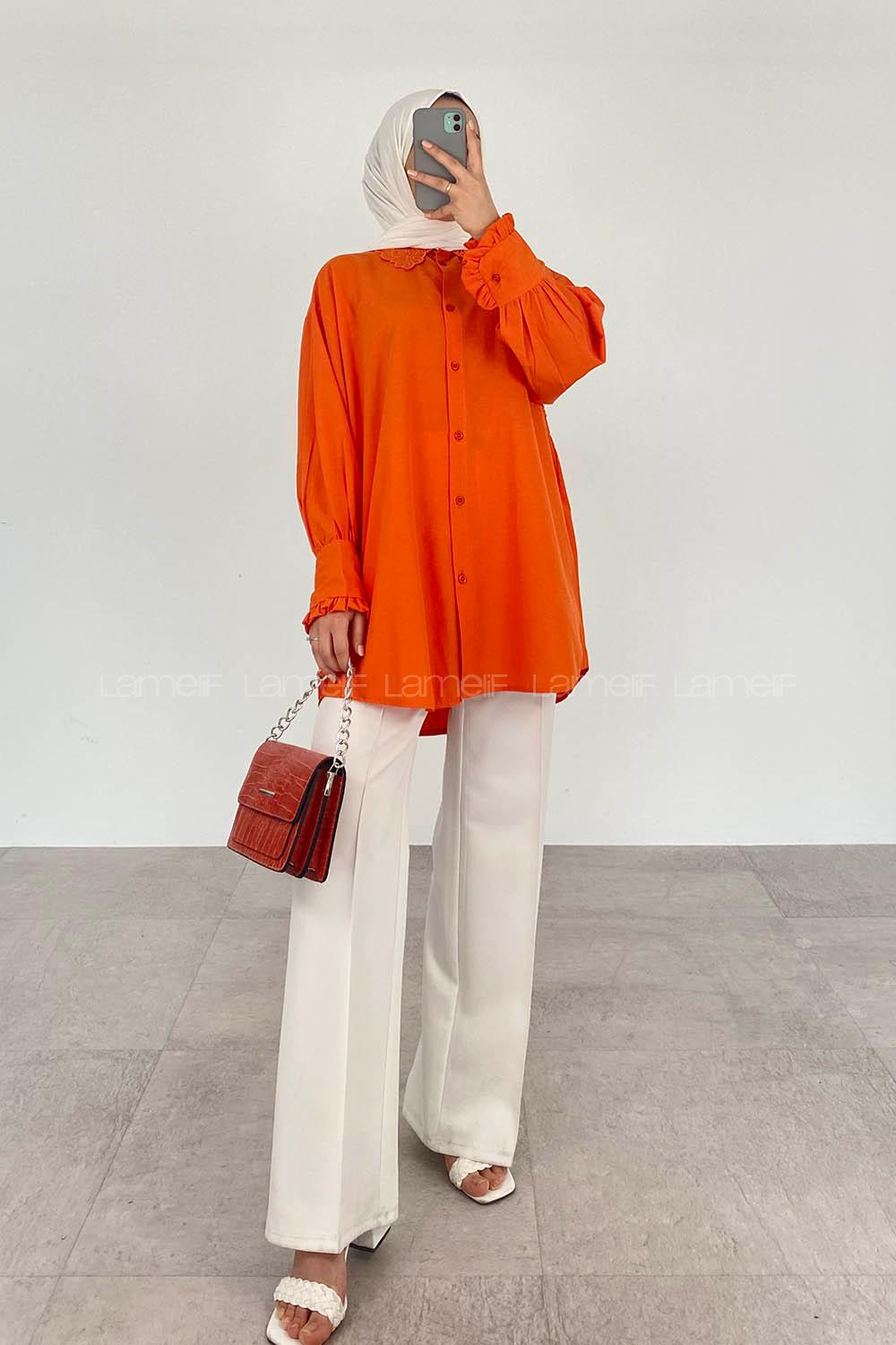 Orange Shirt Collar Long Arm Cotton Unprinted Shirt