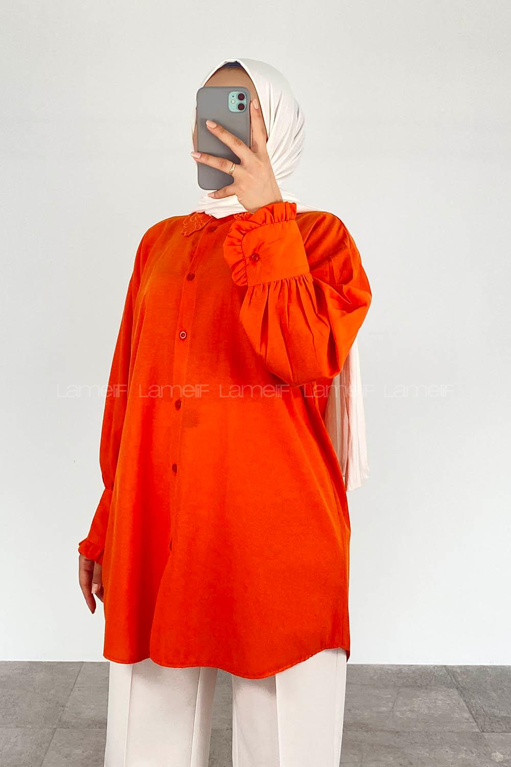 Orange Shirt Collar Long Arm Cotton Unprinted Shirt