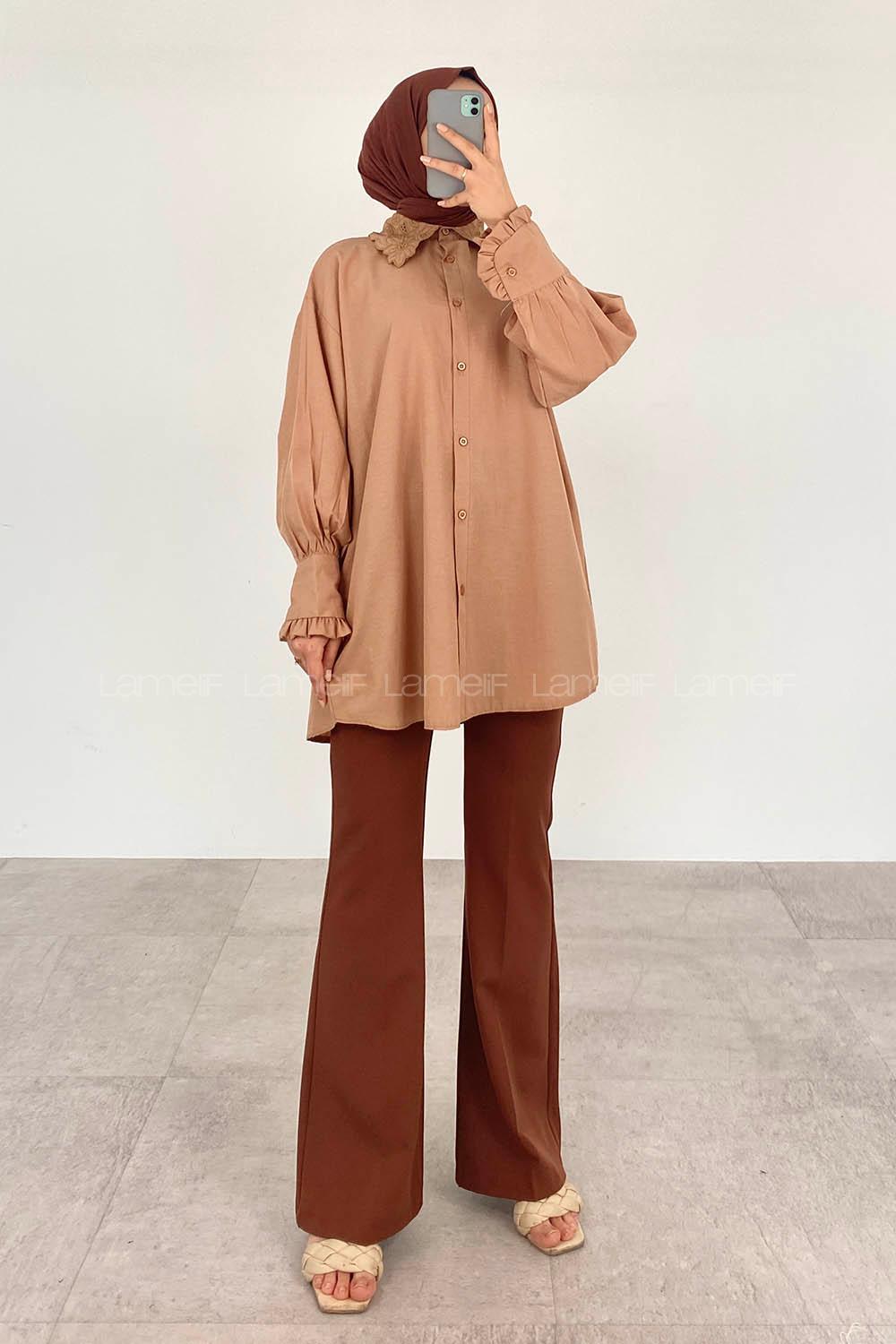 Brown With Milk Shirt Collar Long Arm Cotton Unprinted Shirt