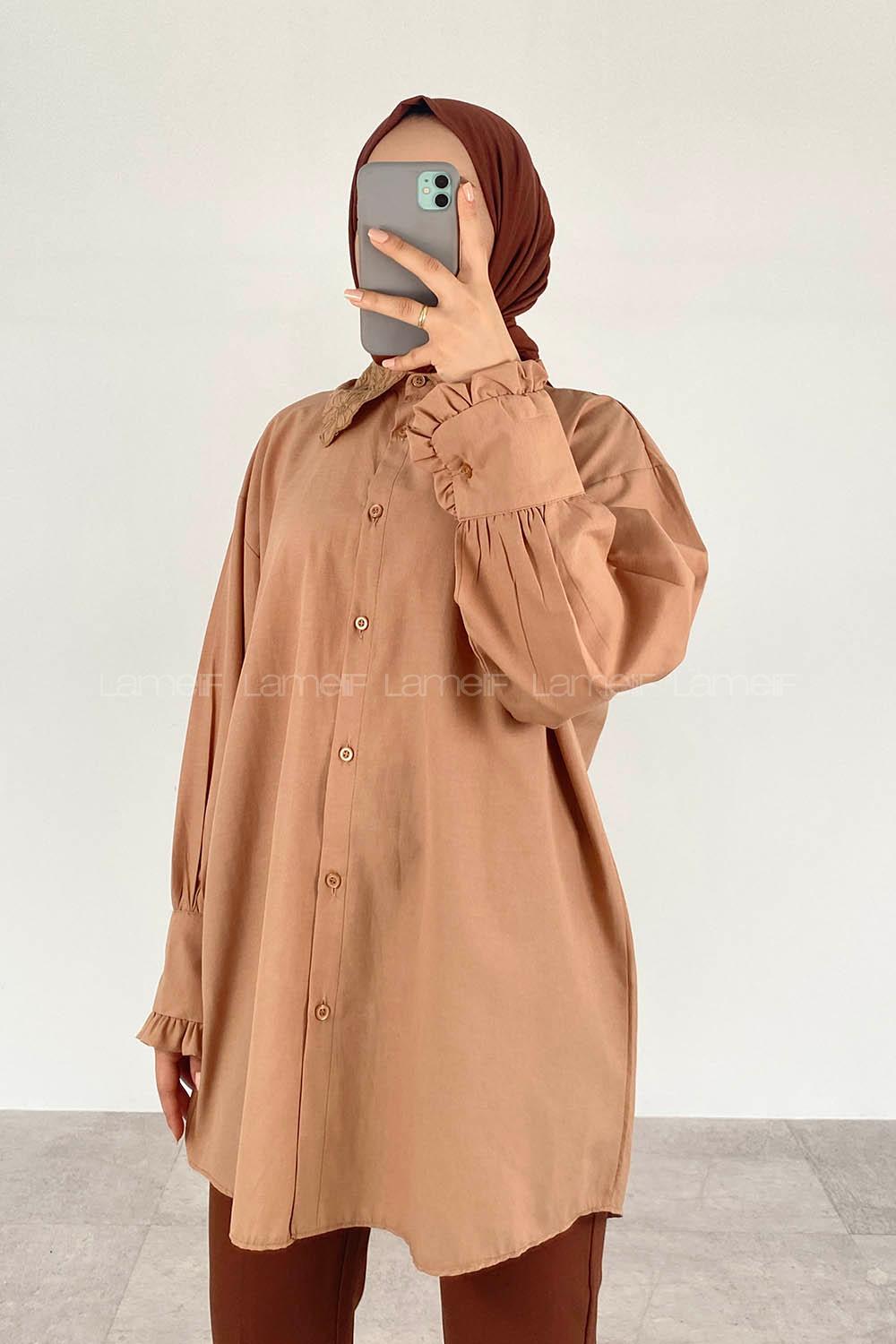 Brown With Milk Shirt Collar Long Arm Cotton Unprinted Shirt