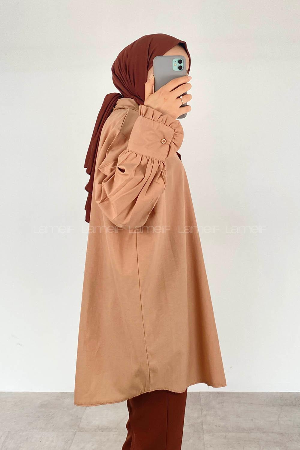 Brown With Milk Shirt Collar Long Arm Cotton Unprinted Shirt